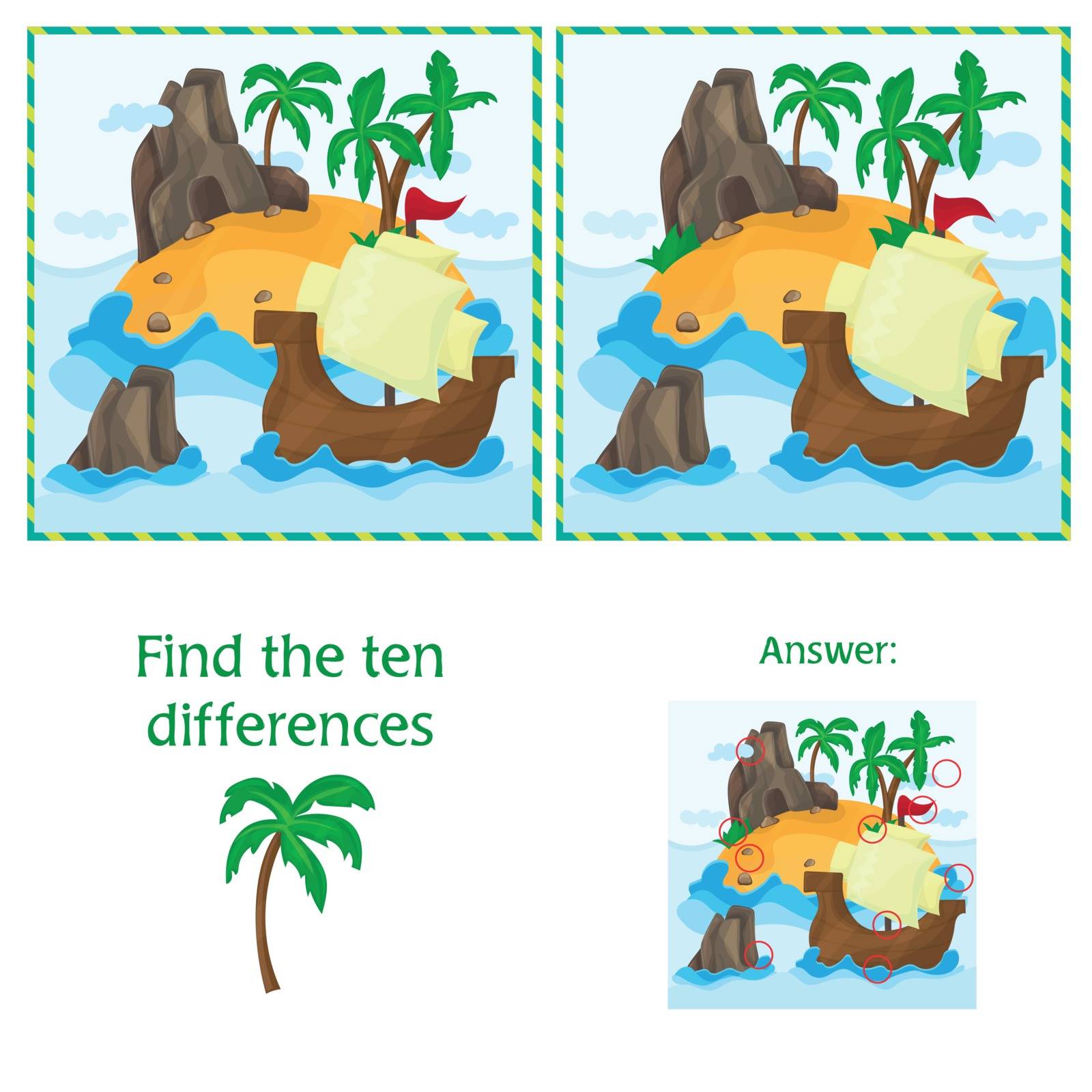 Find the ten differences between the two images with Tropical Island and Ship