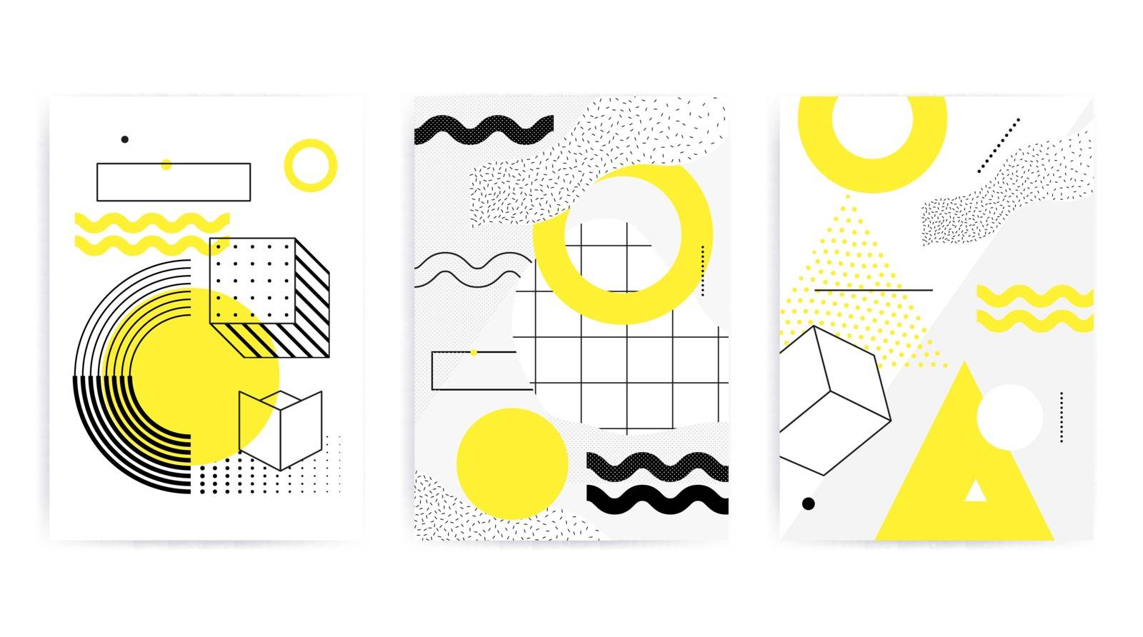 Universal posters collection with bright bold geometric yellow elements, chaotic composition in restrained sustained tempered style. Easy editable clipping mask. Magazine, leaflet, ad, typography, print