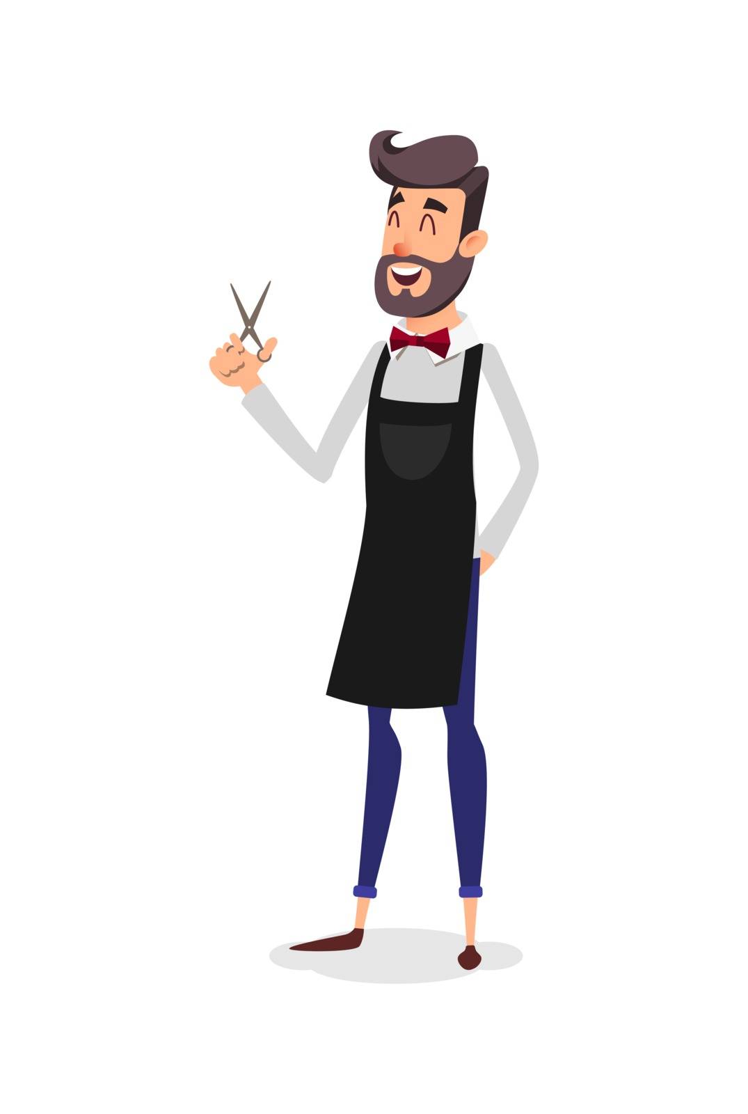 Cartoon successful hairdresser in an apron with a scissors in hand. Young stylish hairdresser with a beard. Professional fashion stilist smiling on a white background