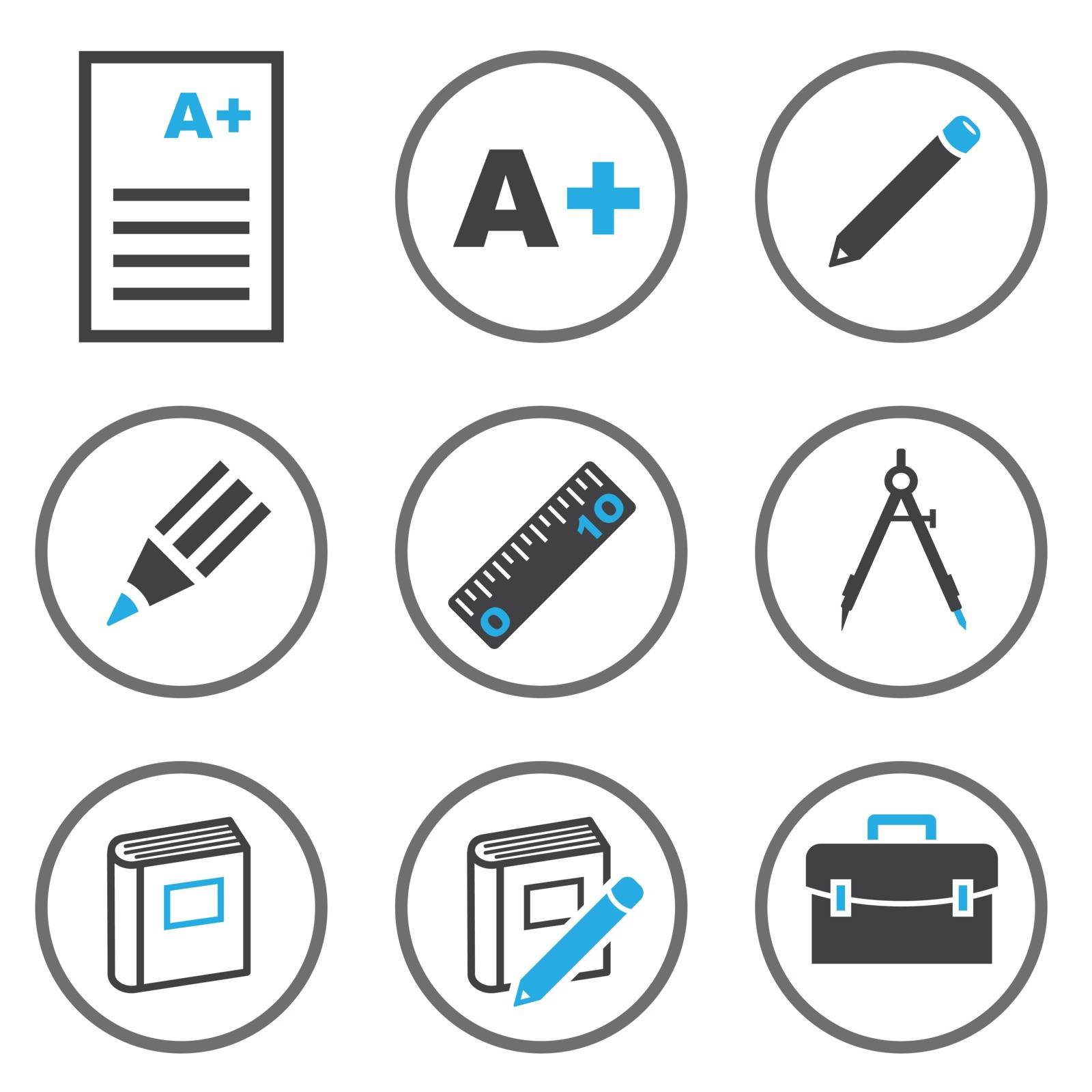 Set vector of Education line icons in circle line, flat design education, doccument, pencil, A+ point, ruler, book and bag. Collection modern infographic logo and pictogram.