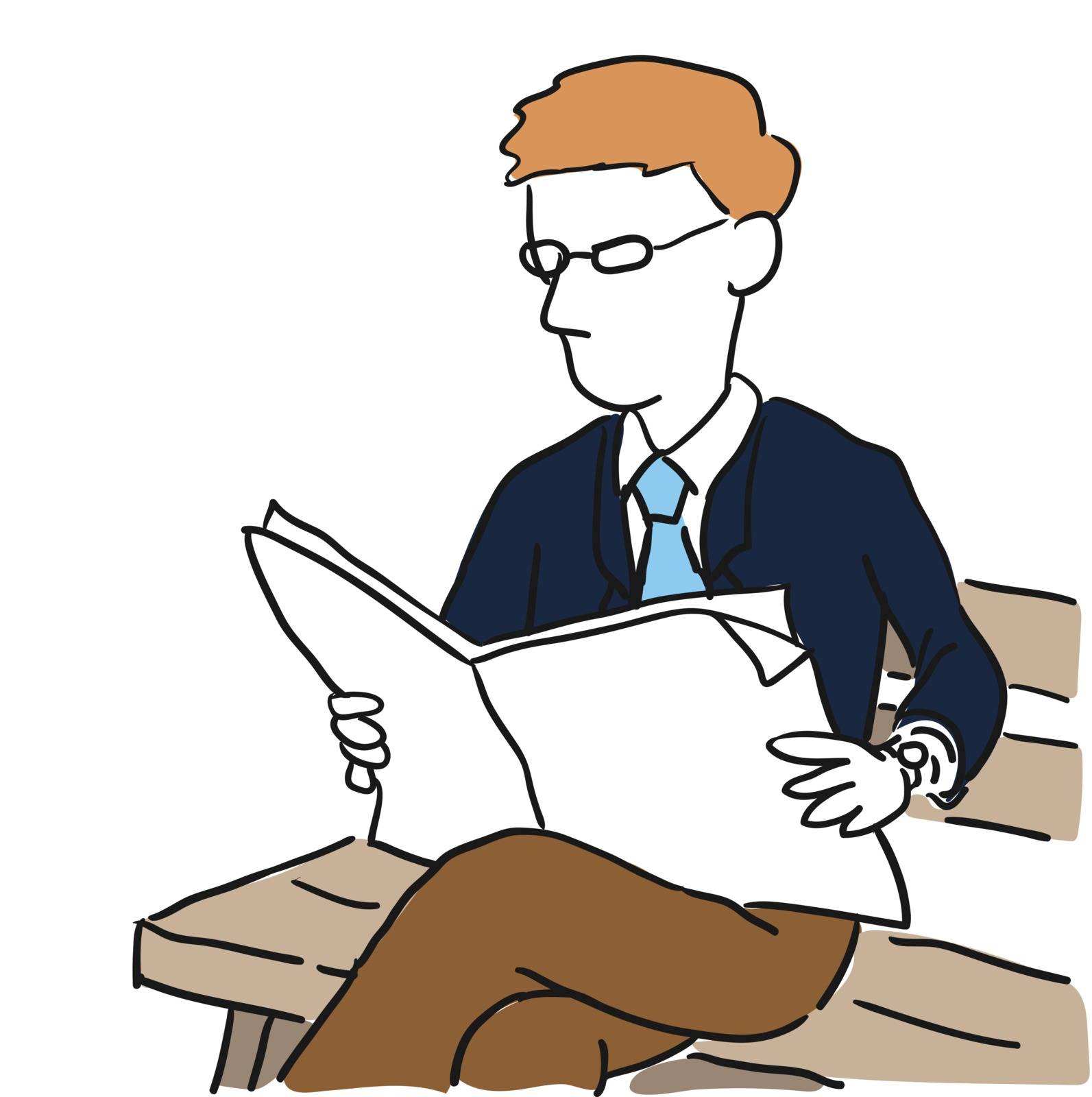 Illustration businessman reading newspaper on wooden bench - Simple line drawing Illustration.