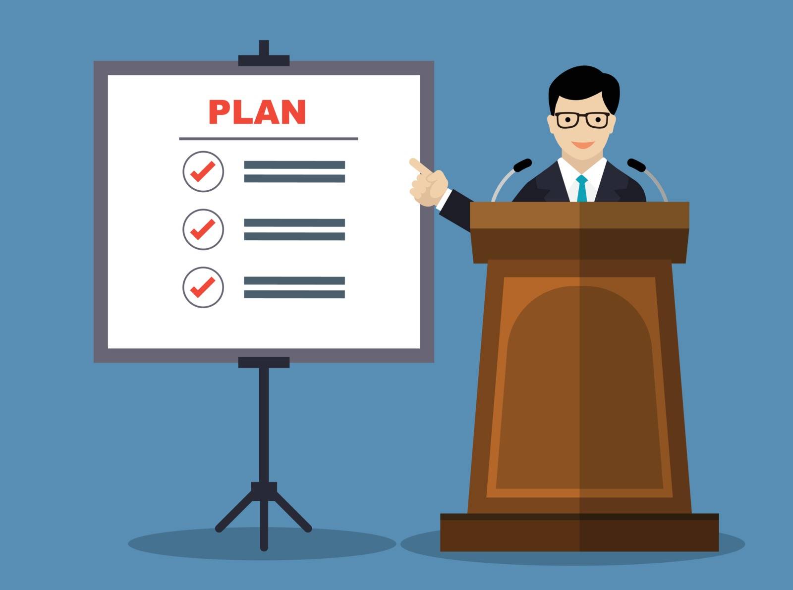 Businessmen presentation of business plan, man in formal sut giving speech on podium about business plan, for business concept-Vector Flat Design Illustration.