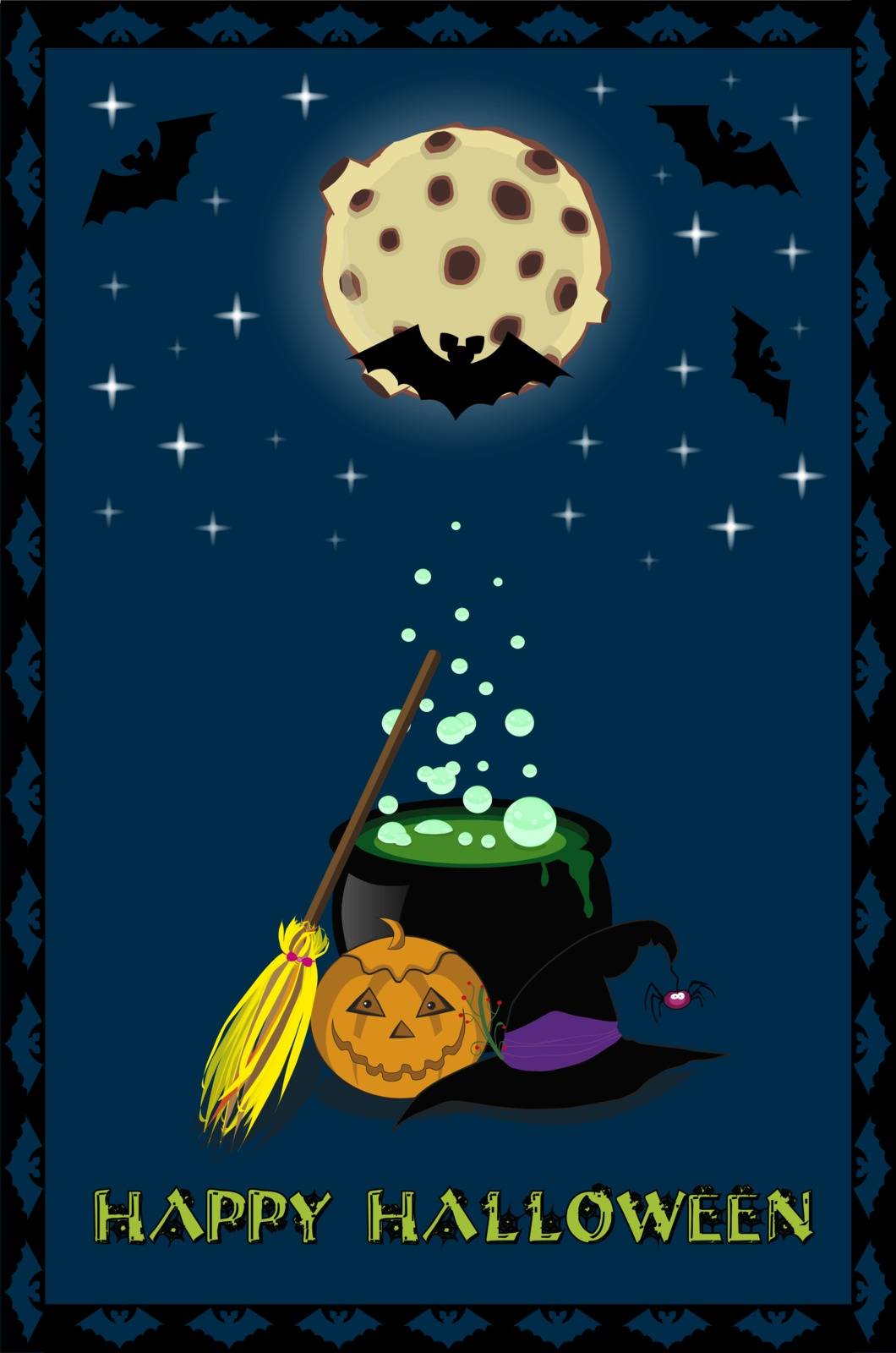 Happy Halloween card. Vector illustration of witch stuff on full moon background with stars and bats and green text Happy Halloween. Invitation, greeting card, poster, banner.