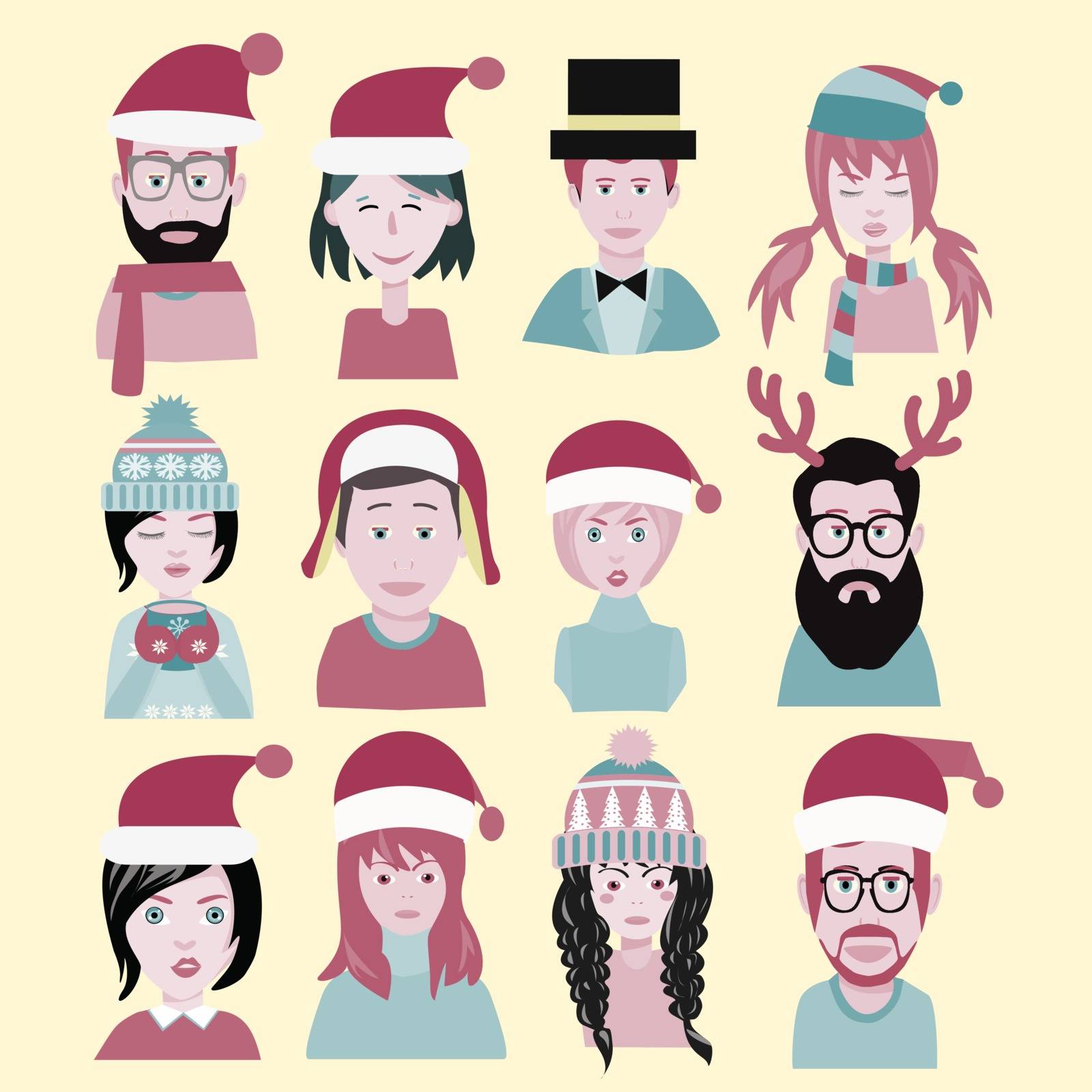 set of different avatars of man and woman in the santa hat. Men and women winter warm knitted hats set for New Year's icons collection.  
