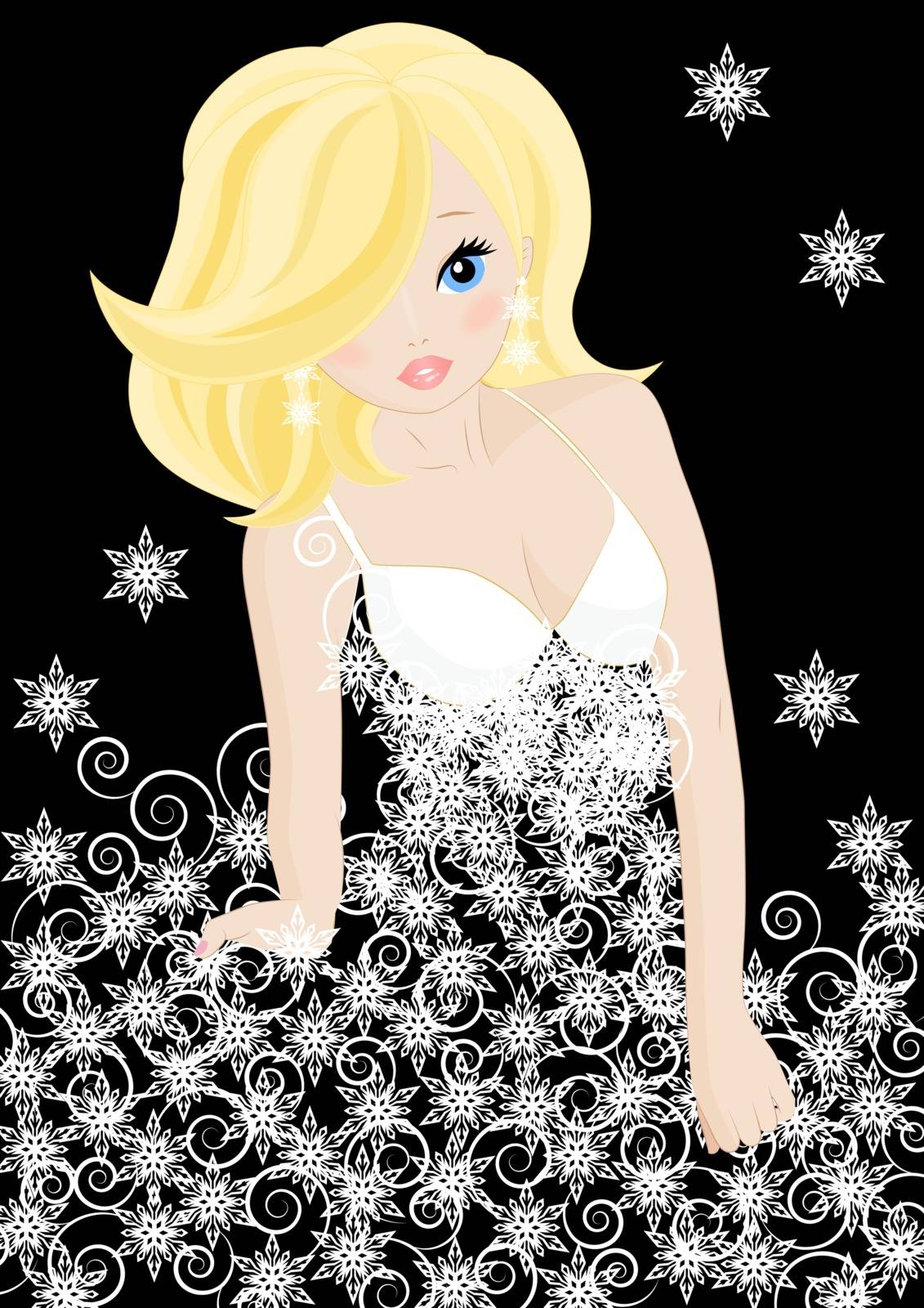 girl snow Queen in a dress made of snowflakes on black background