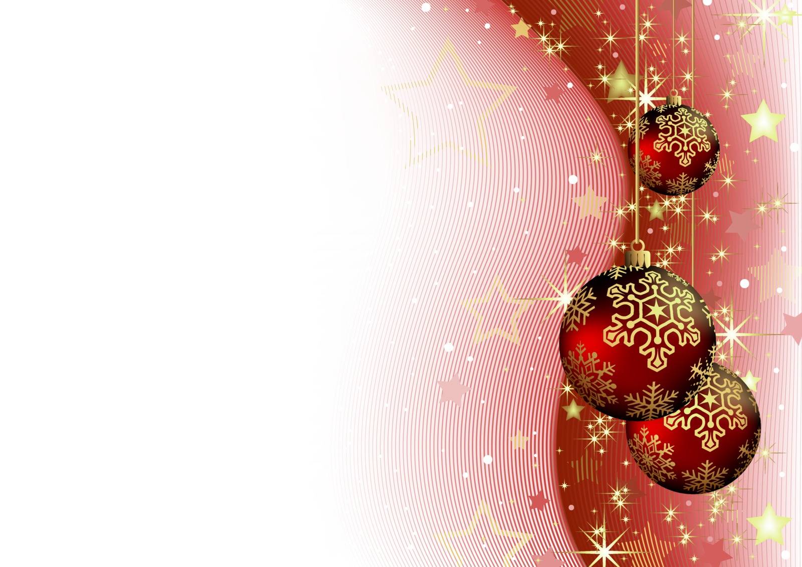 Christmas Illustration with Red Baubles over Striped Background with Golden Stars and Sparkling Decoration - Vector
