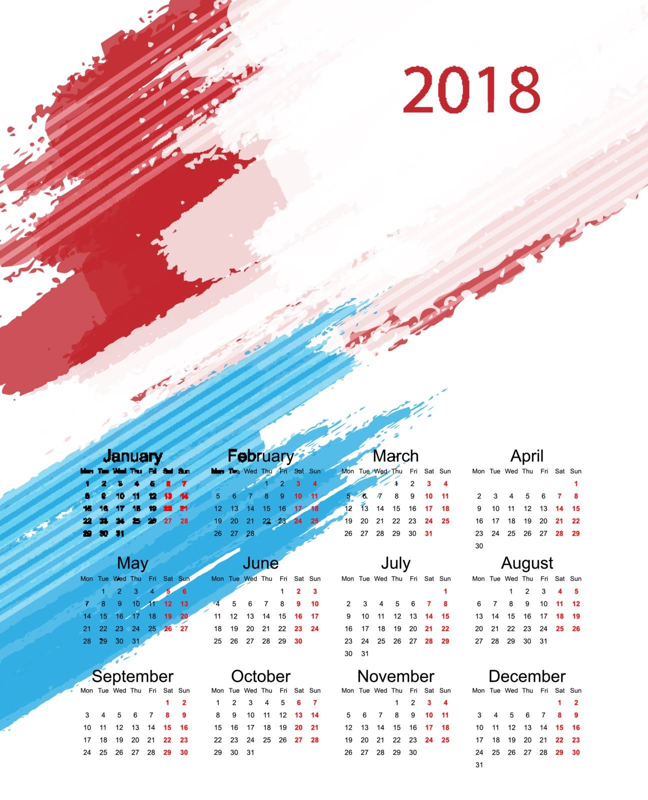 2018 vector calendar with colorful grungy design. Elements for your work. Eps10