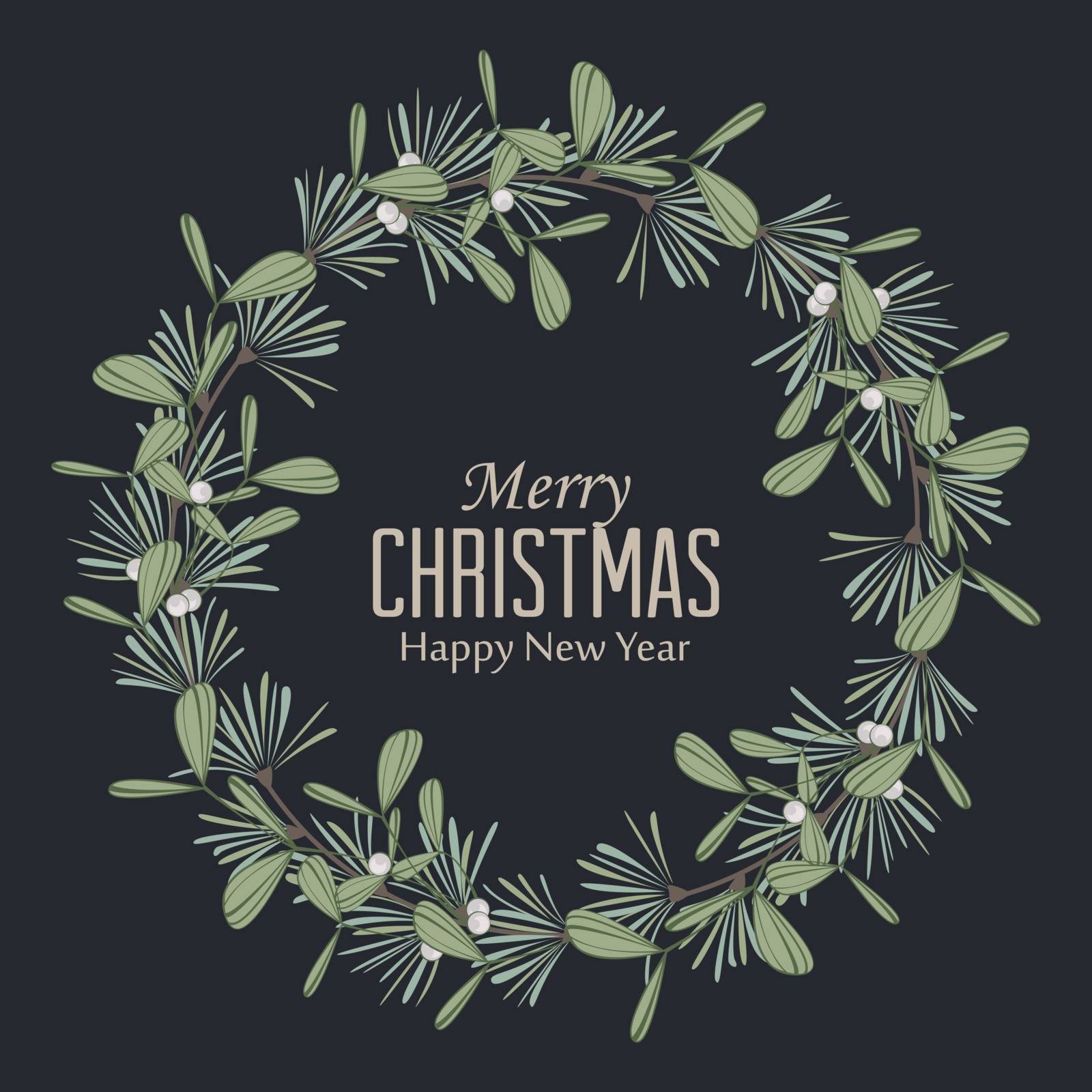 Vector illustration of Christmas wreath with branches and mistletoe. Happy Christmas greeting card