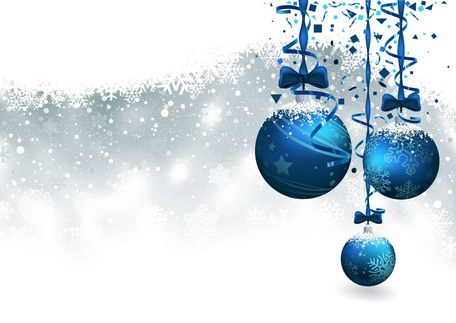 Christmas Background with Blue Baubles - Festive Illustration with Snowy Blurred Background, Vector