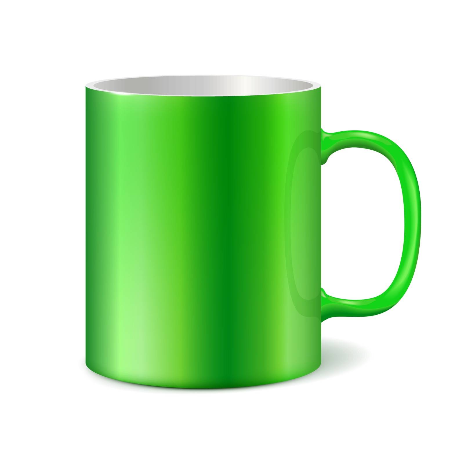 Green ceramic mug for printing corporate logo. Cup isolated on white background. Vector 3D illustration. Light color