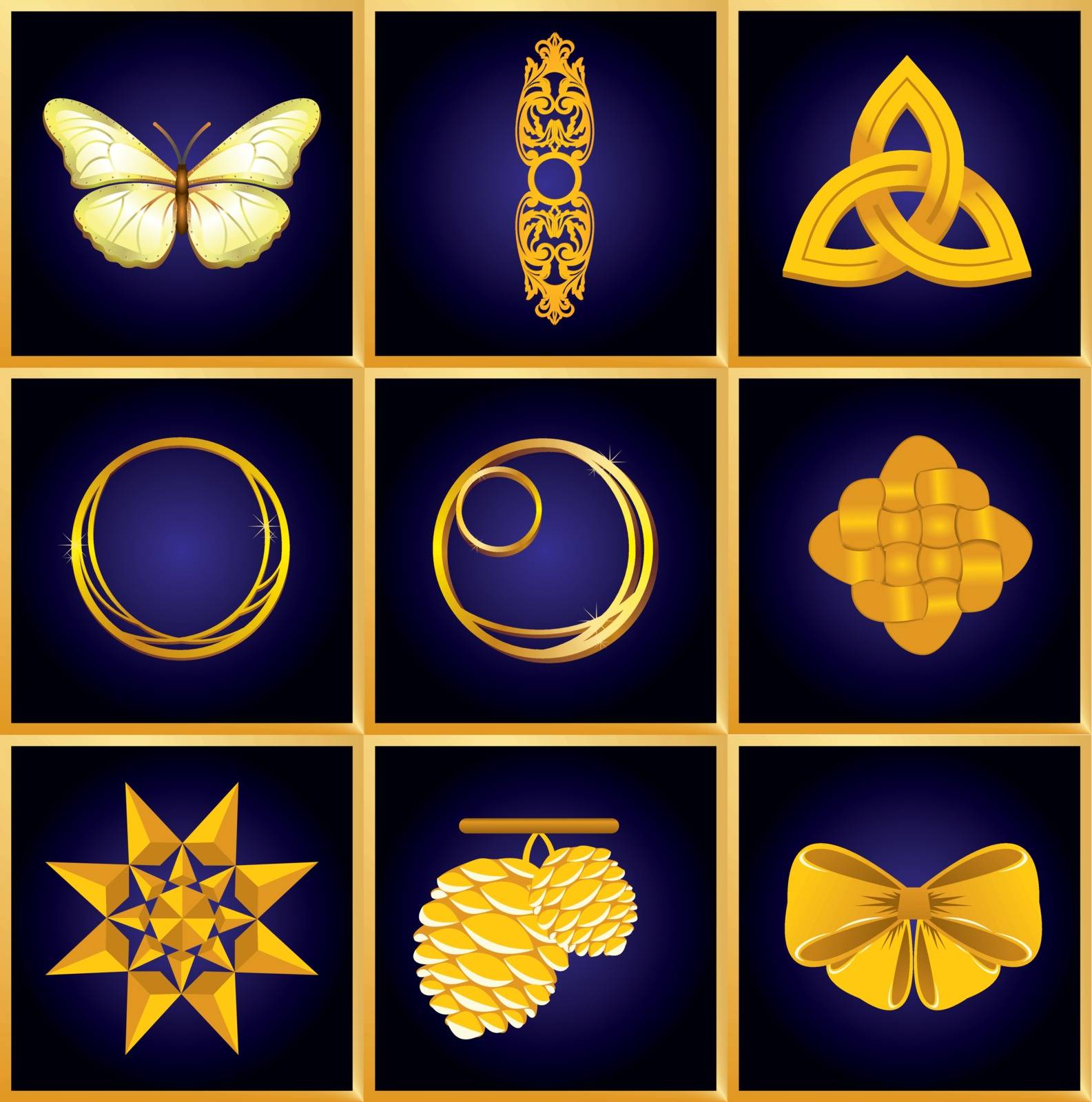 Golden objekts on the dark blue background