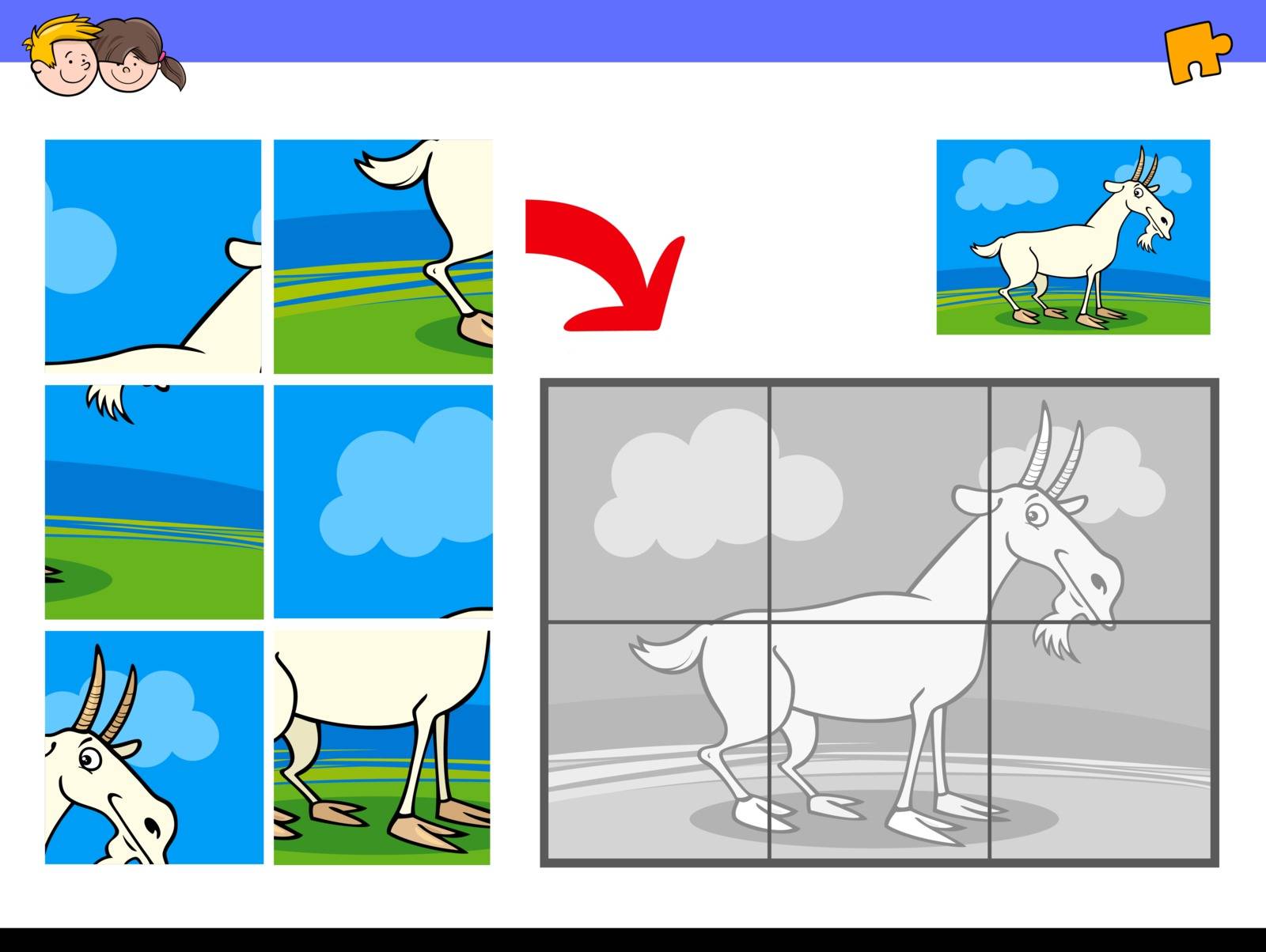 Cartoon Illustration of Educational Jigsaw Puzzle Activity Game for Children with Goat Farm Animal Character