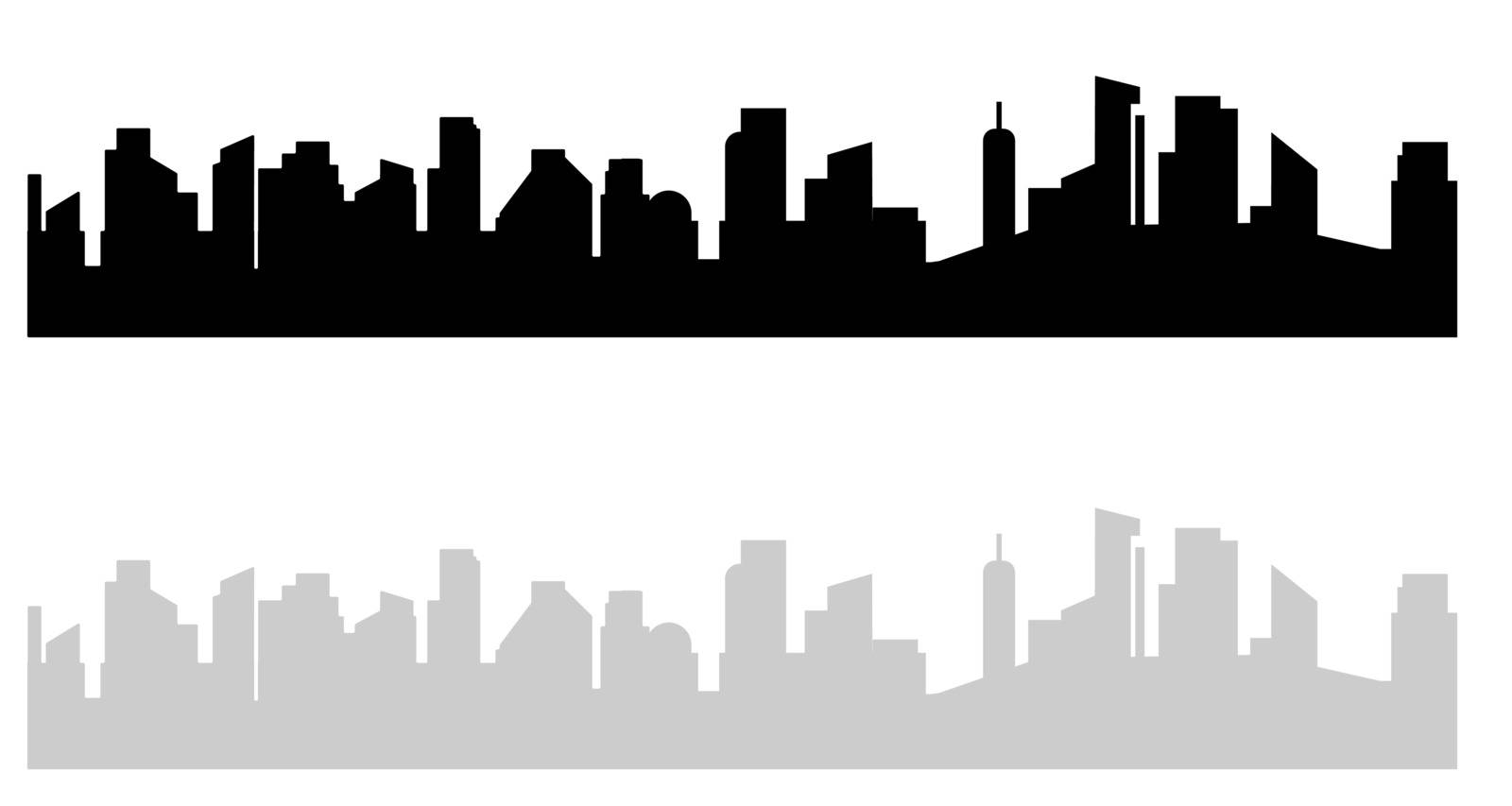 Black and white cityscape. Modern urban view on high house and skyscrapers in big city town concept. Gray dark vector illustration isolated from background