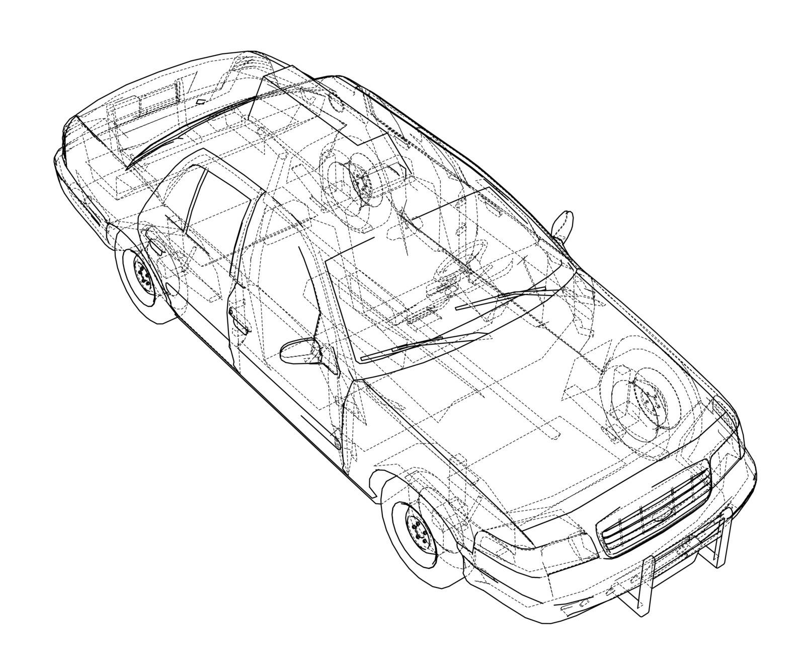 Taxi outline drawing. Vector rendering of 3d. The layers of visible and invisible lines are separated