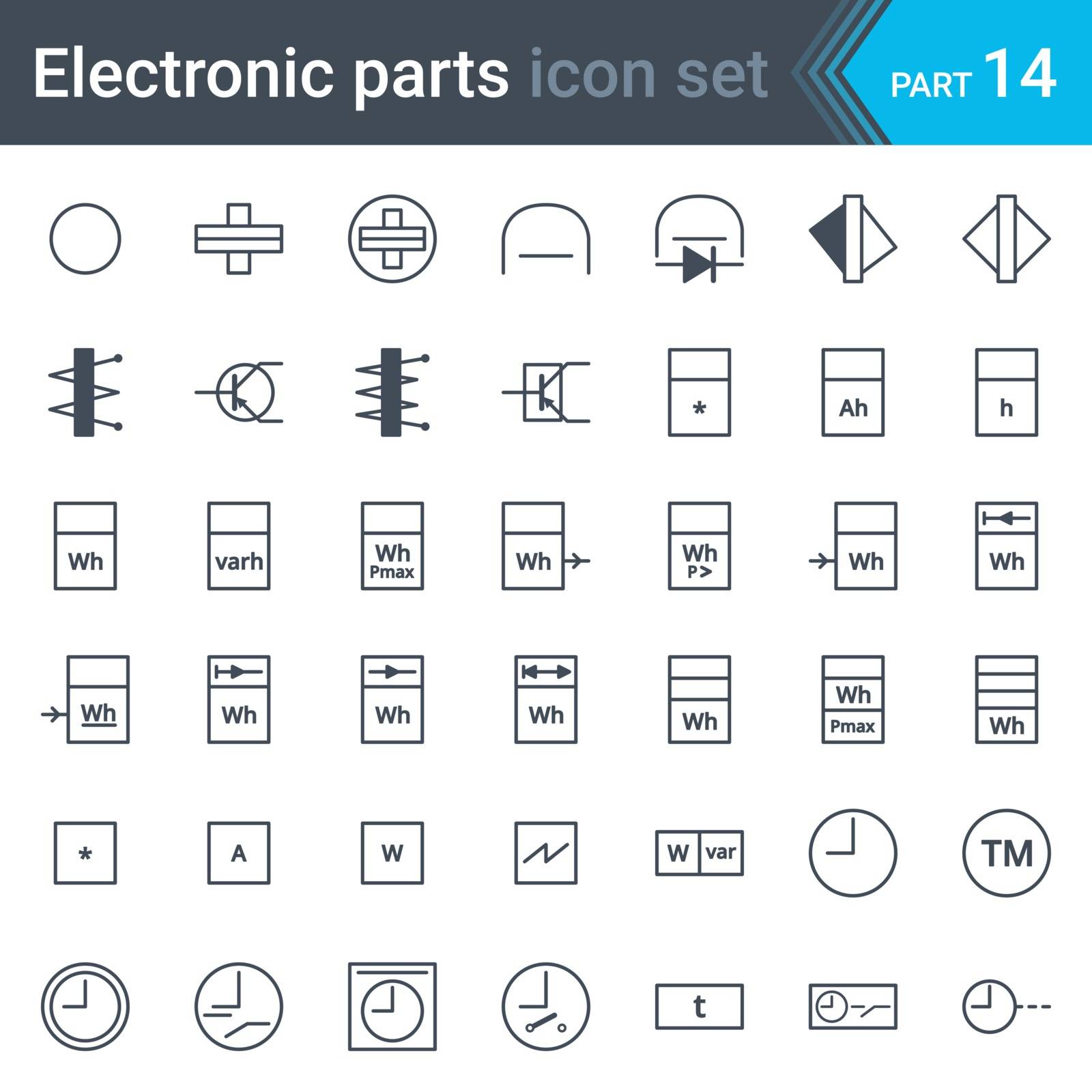 Complete vector set of electric and electronic circuit diagram symbols and elements -  electrical instrumentation, meters, recorders, counters, integrators, registrars, clocks and timers