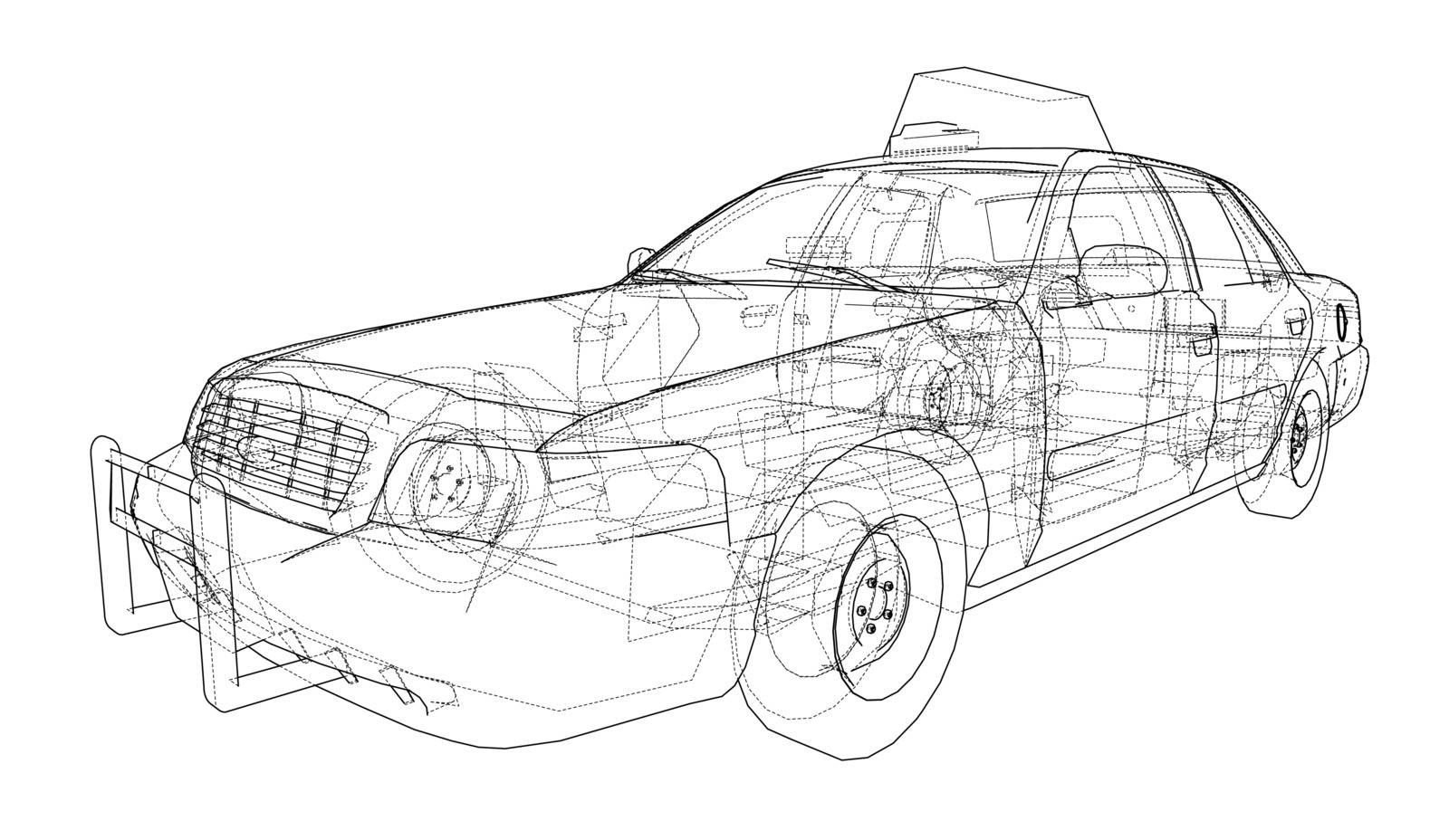 Taxi outline drawing. Vector rendering of 3d. The layers of visible and invisible lines are separated