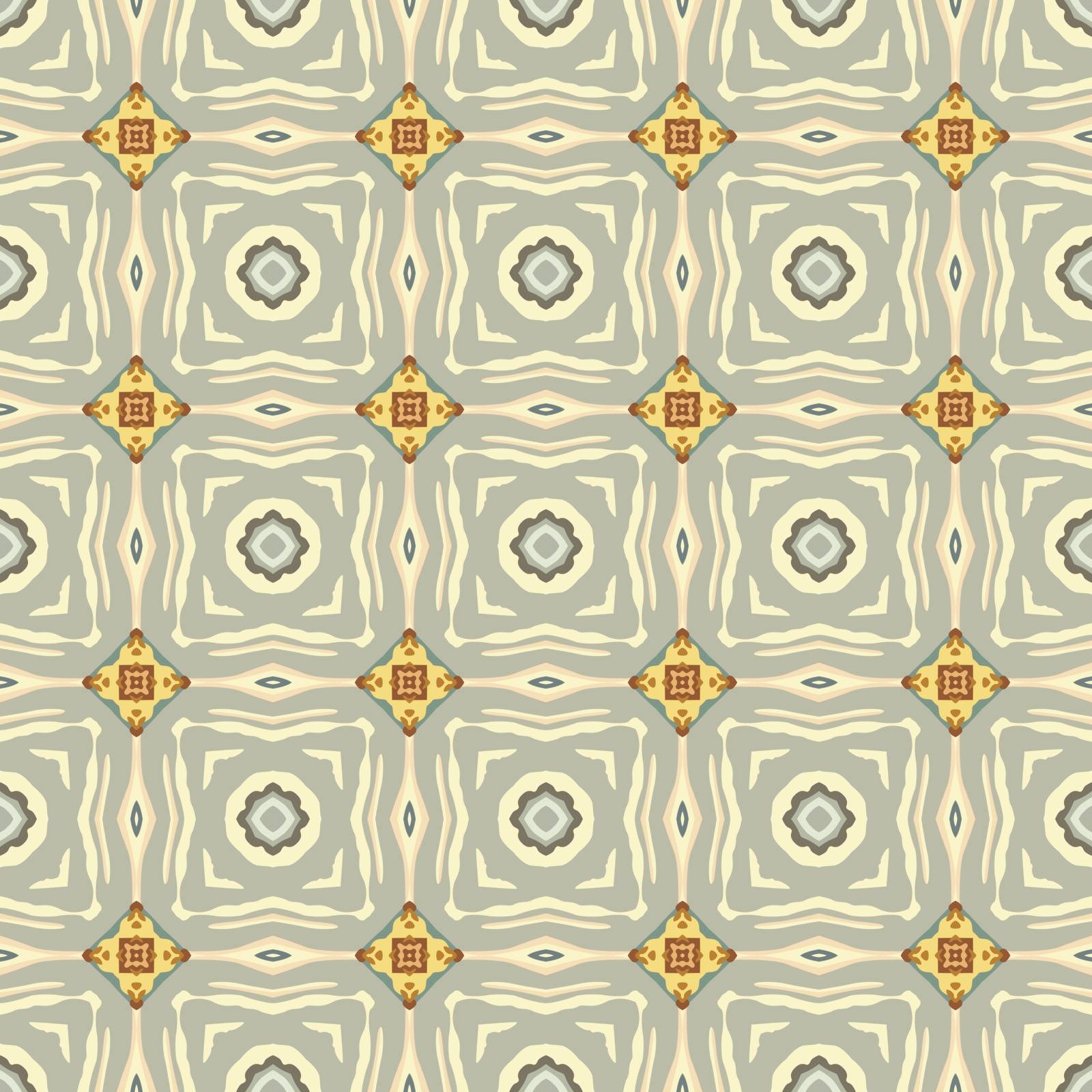 Seamless illustrated pattern made of abstract elements in beige, gray, turquoise, yellow and brown