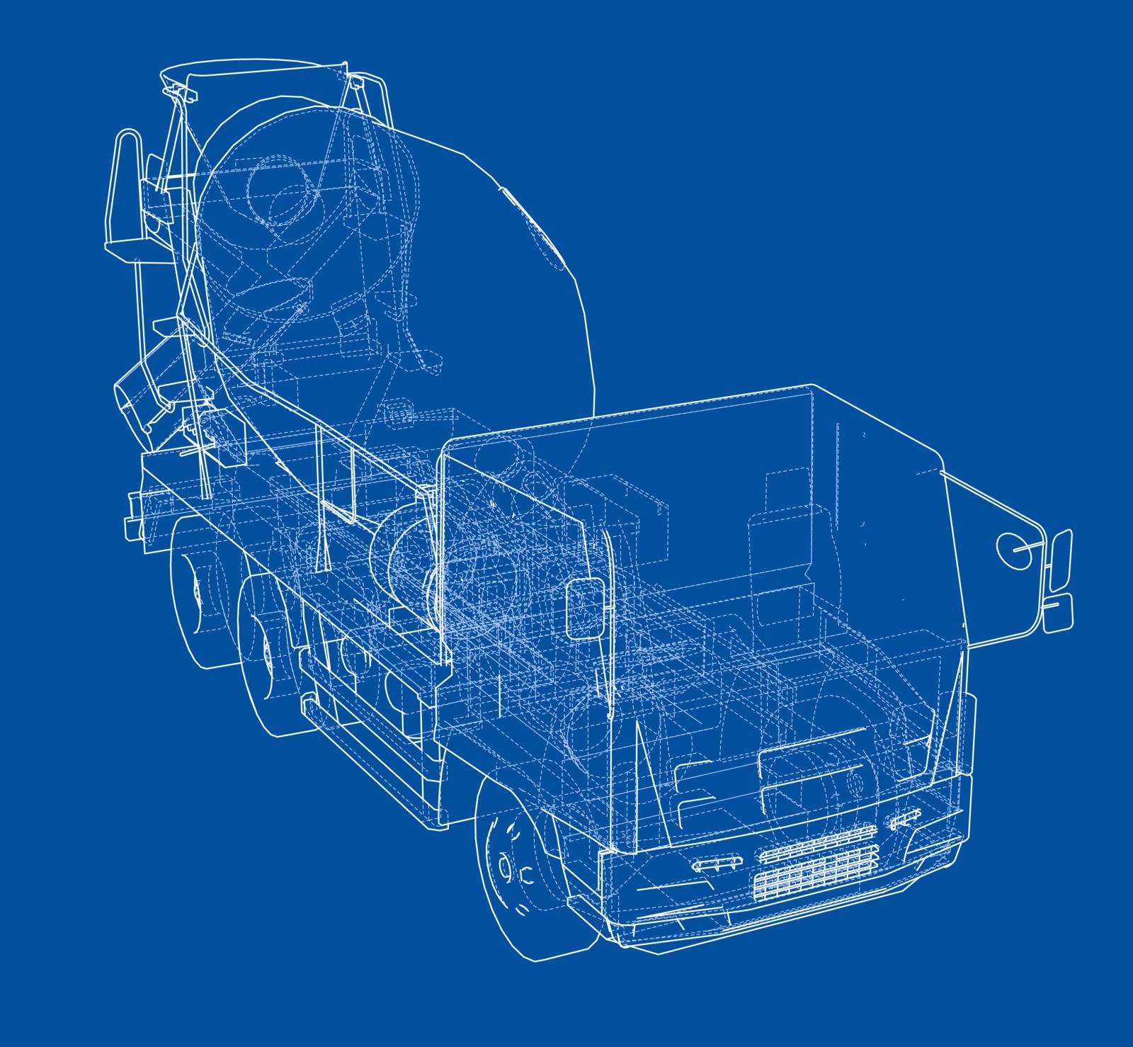 Truck mixer sketch. Vector rendering of 3d. The layers of visible and invisible lines are separated