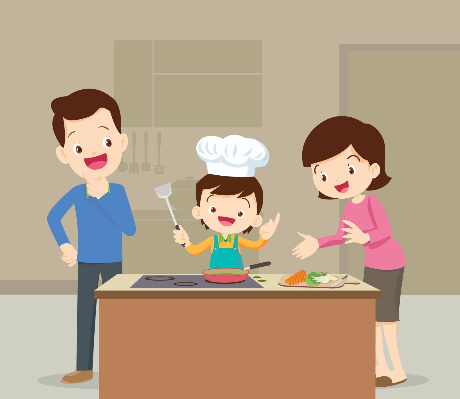happy family with dad ,mom, son cooking in kitchen vector cartoon illustration