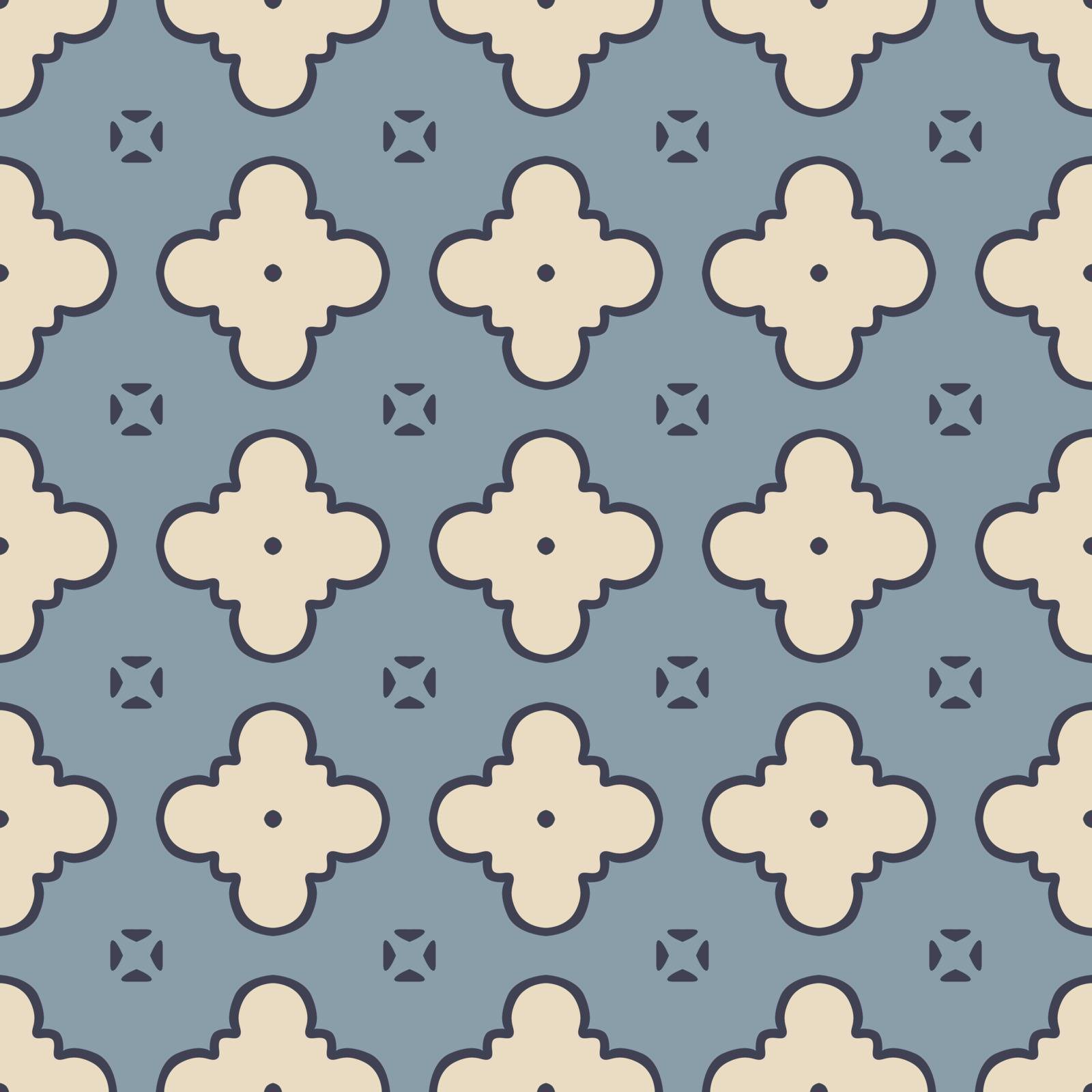 Seamless illustrated pattern made of abstract elements in beige and shades of blue