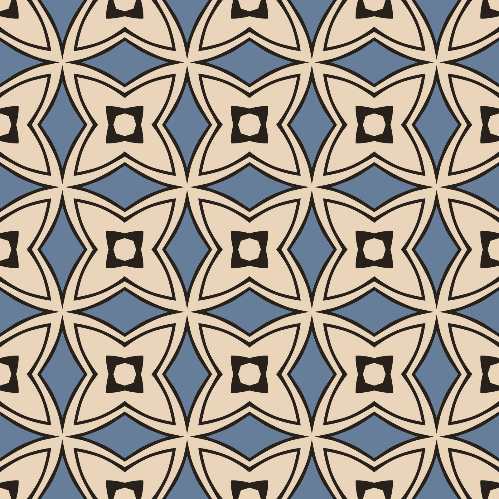 Seamless illustrated pattern made of abstract elements in beige, blue and black