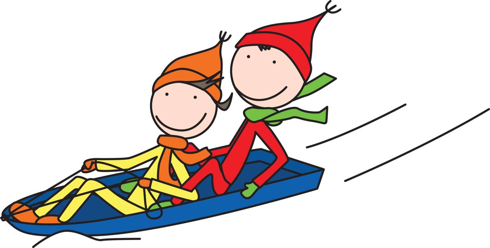 Illustration of happy kids sledding in winter