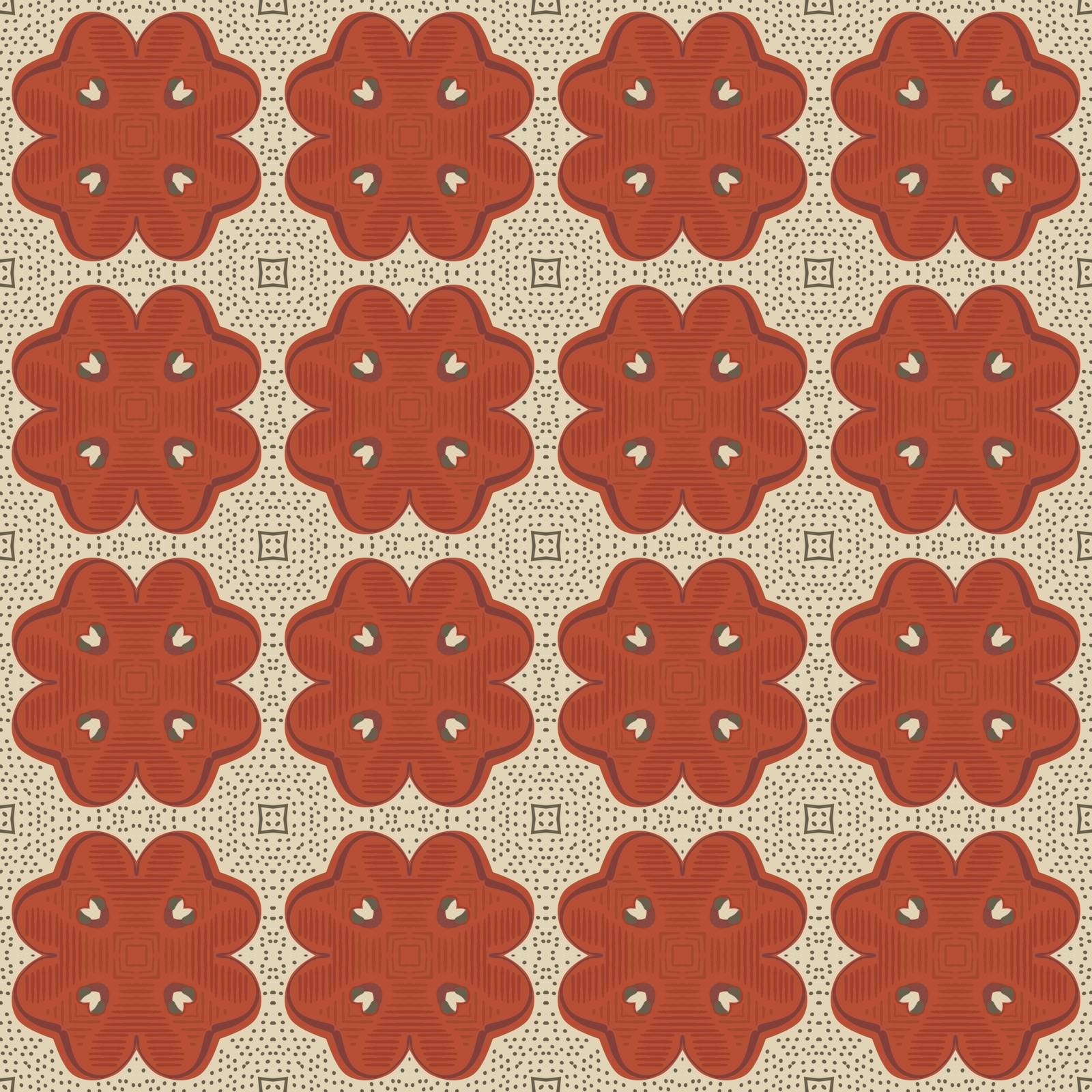 Seamless illustrated pattern made of abstract elements in beige, red and gray