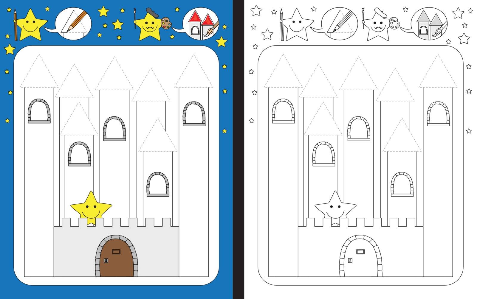 Preschool worksheet for practicing fine motor skills - tracing dashed lines of castle towers
