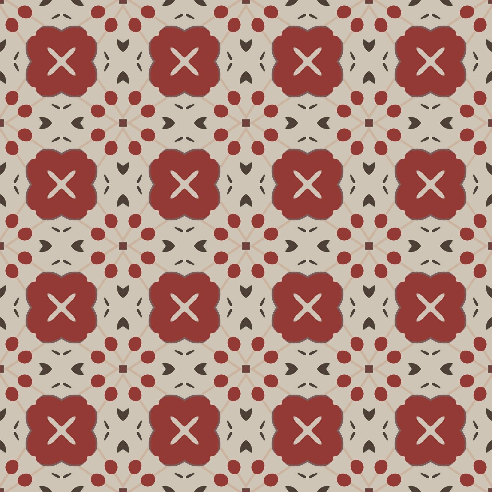 Seamless illustrated pattern made of abstract elements in beige, red and dark gray