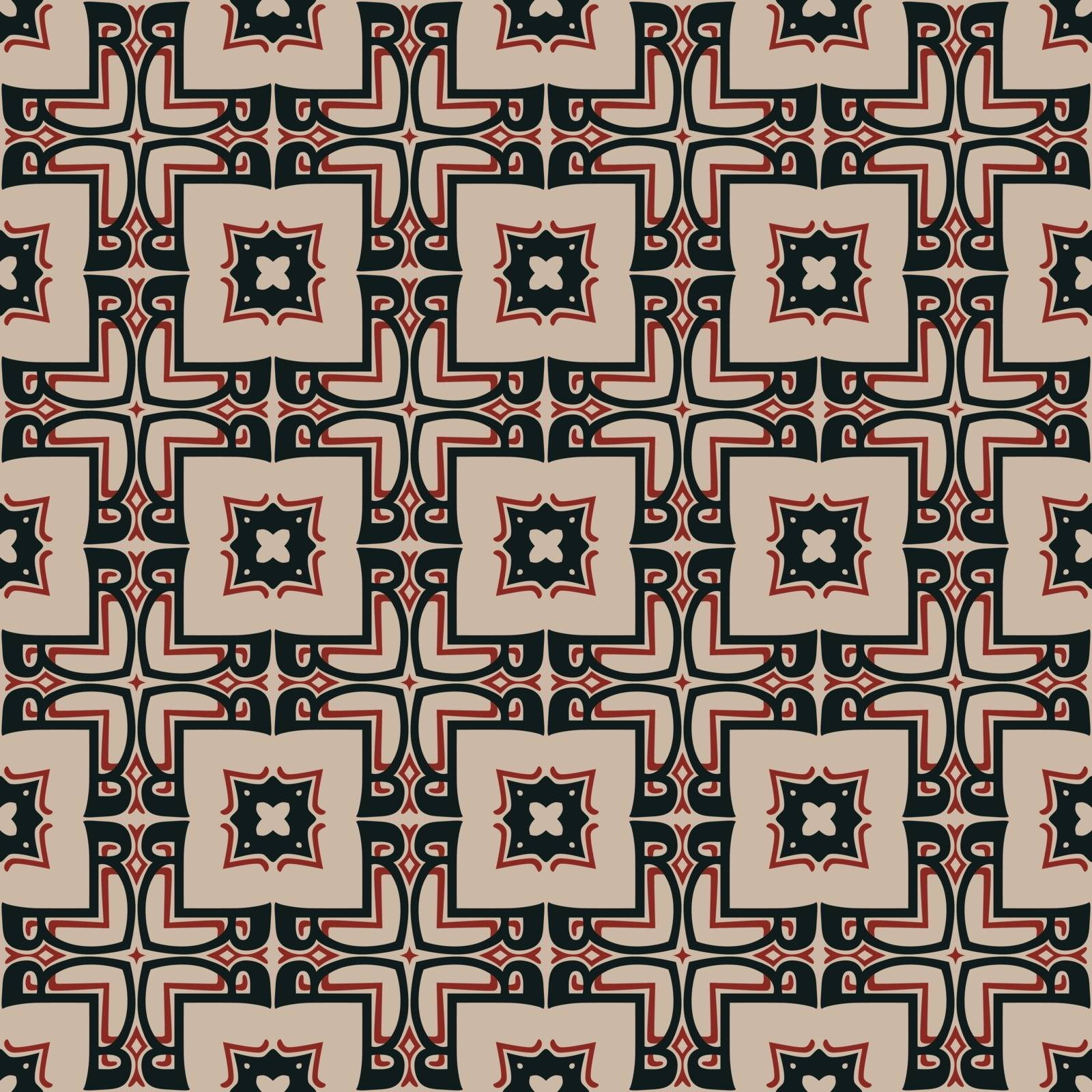 Seamless illustrated pattern made of abstract elements in beige, red and black