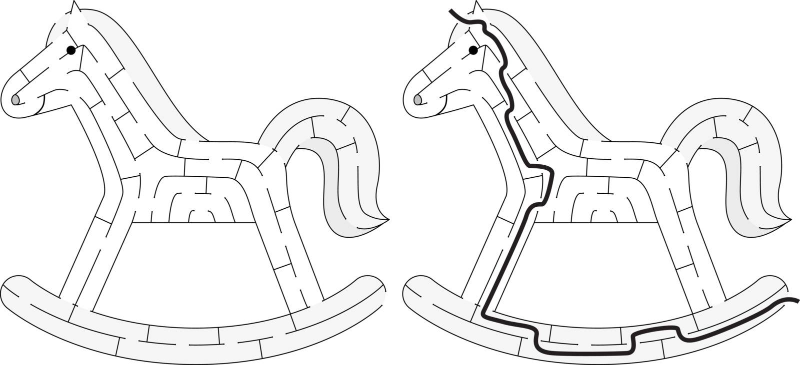 Easy rocking horse maze for kids with a solution in black and white