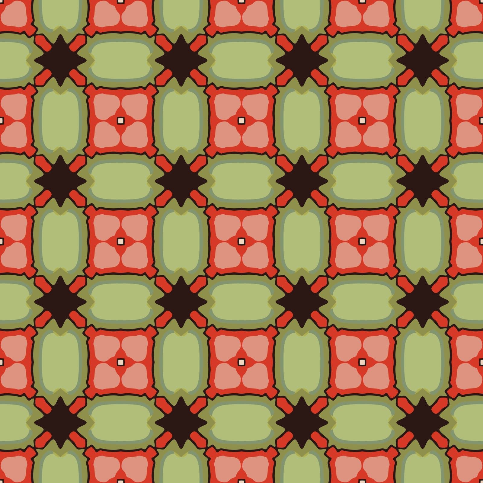 Seamless illustrated pattern made of abstract elements in beige, red, green, pink and black