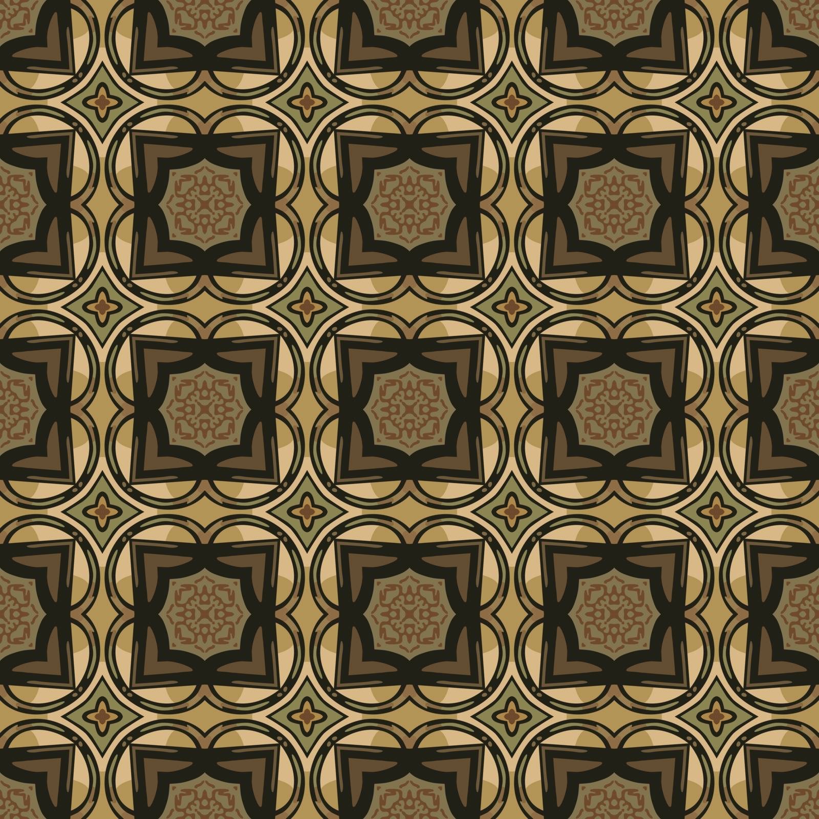 Seamless illustrated pattern made of abstract elements in beige, turquoise, brown and black