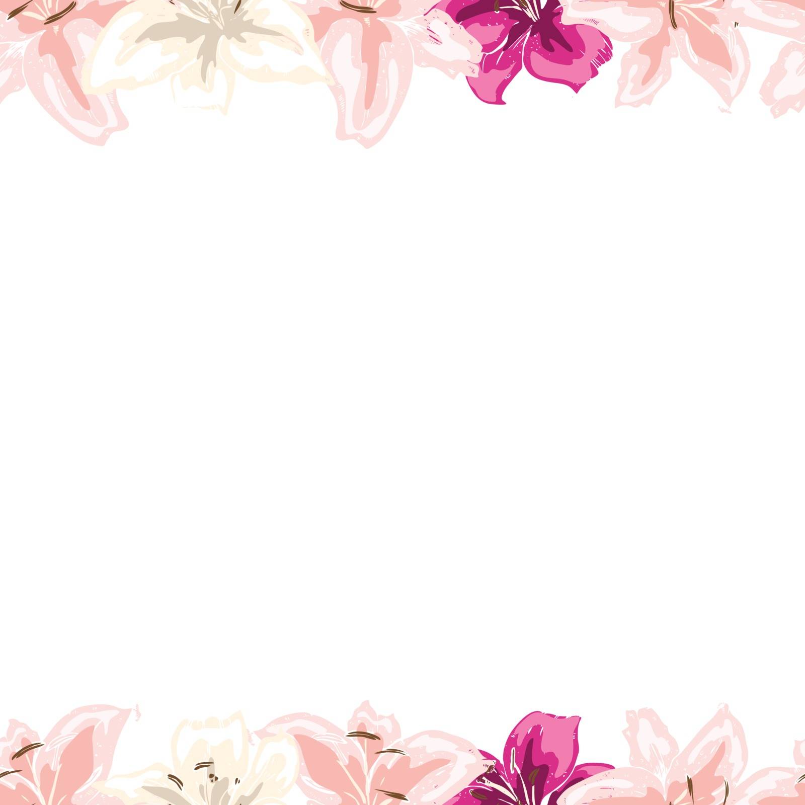 Floral frame of gently pink lilies flowers isolated on white background. Vector illustration. by nutela_pancake