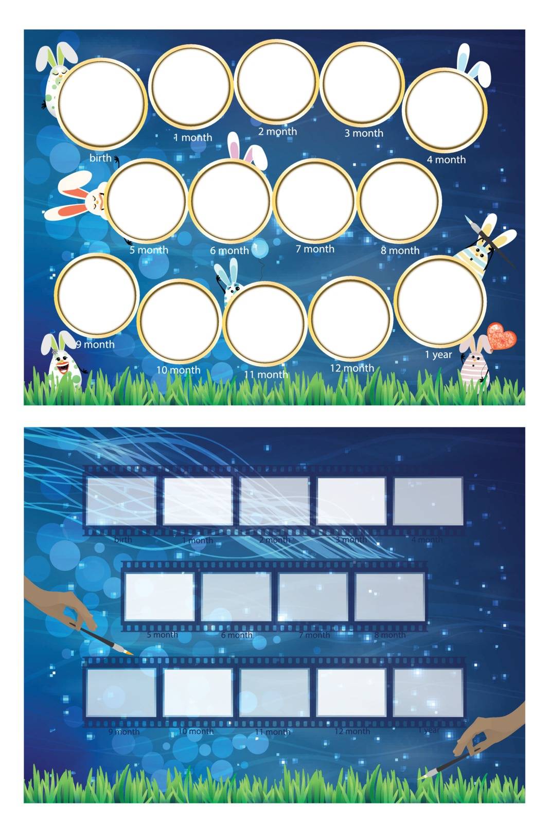 Photo frame hares. Twelve months of development and a blue background. Horizontal illustration for your design.