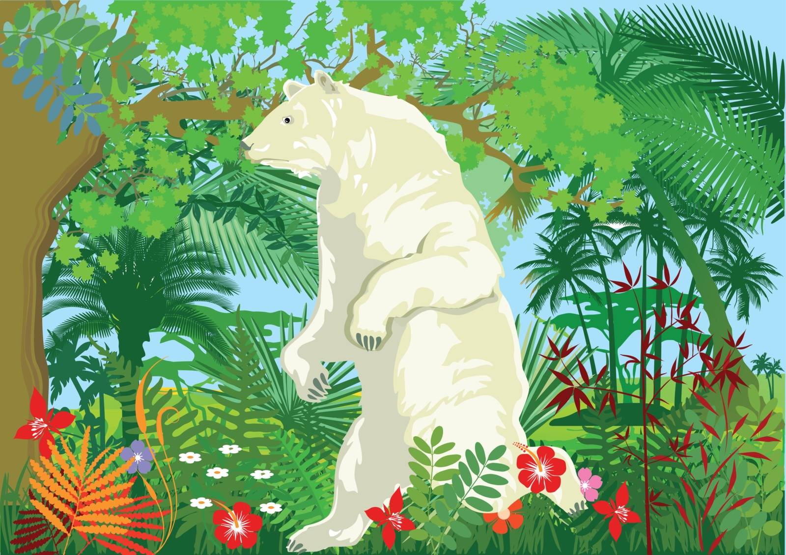 Global warming with polar bear in the jungle, illustration