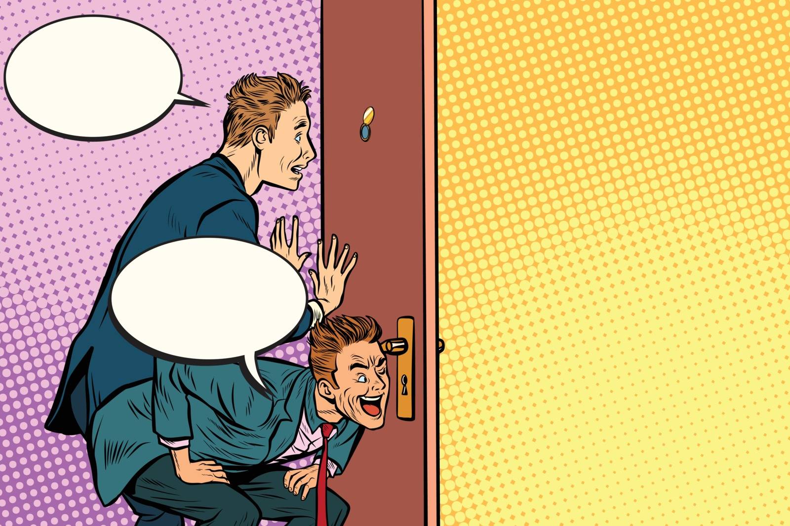 Business spy through the door. Pop art retro comic book vector illustration
