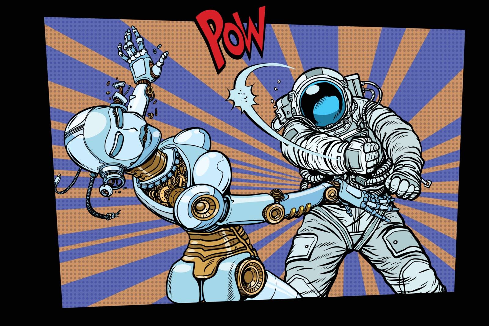 Astronaut beats up female robot, domestic violence. Pop art retro comic book vector cartoon hand drawn illustration