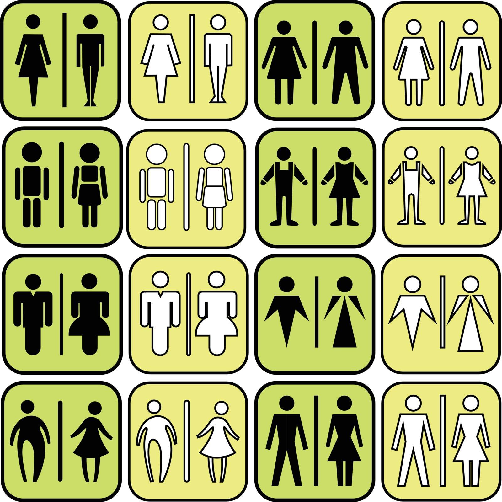 modern style of colorful toilet, restroom sign with men, women,  aged in art style design, vector set