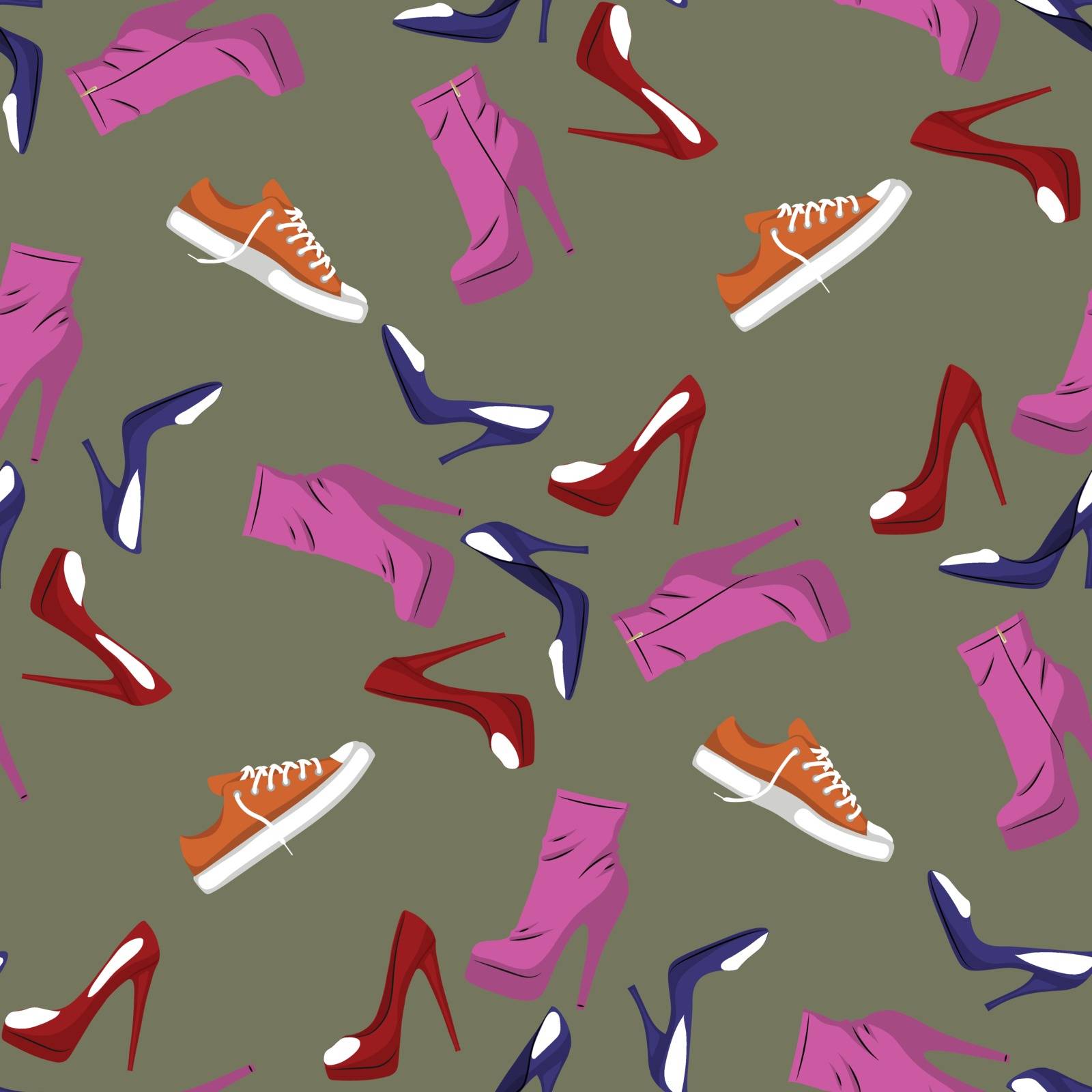 Seamless pattern of Shoes - running shoes sneakers, boots, high-heeled shoe. Design element. Fashion Vector Illustration