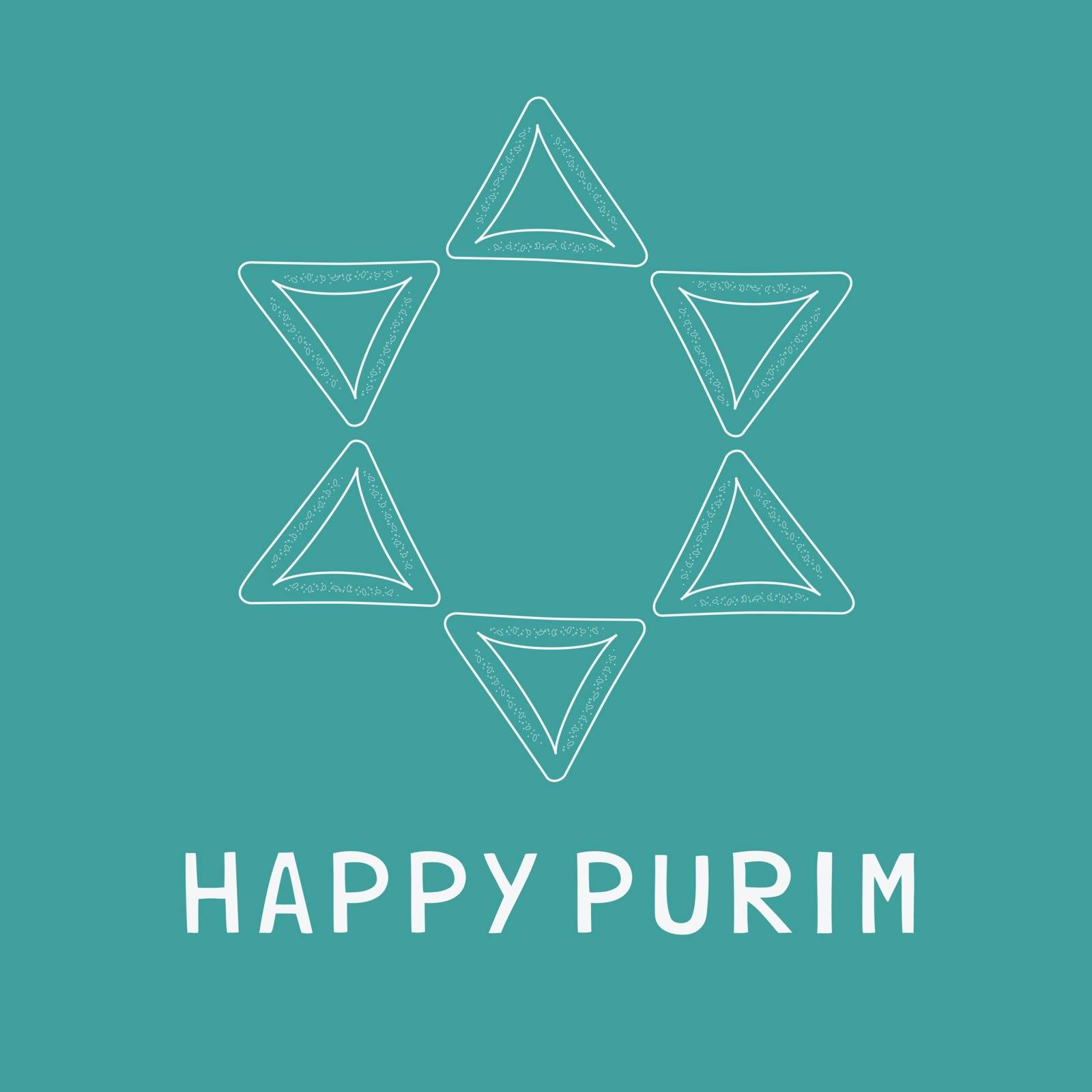 Purim holiday flat design white thin line icons of hamantashs in star of david shape with text in english "Happy Purim". Vector eps10 illustration.
