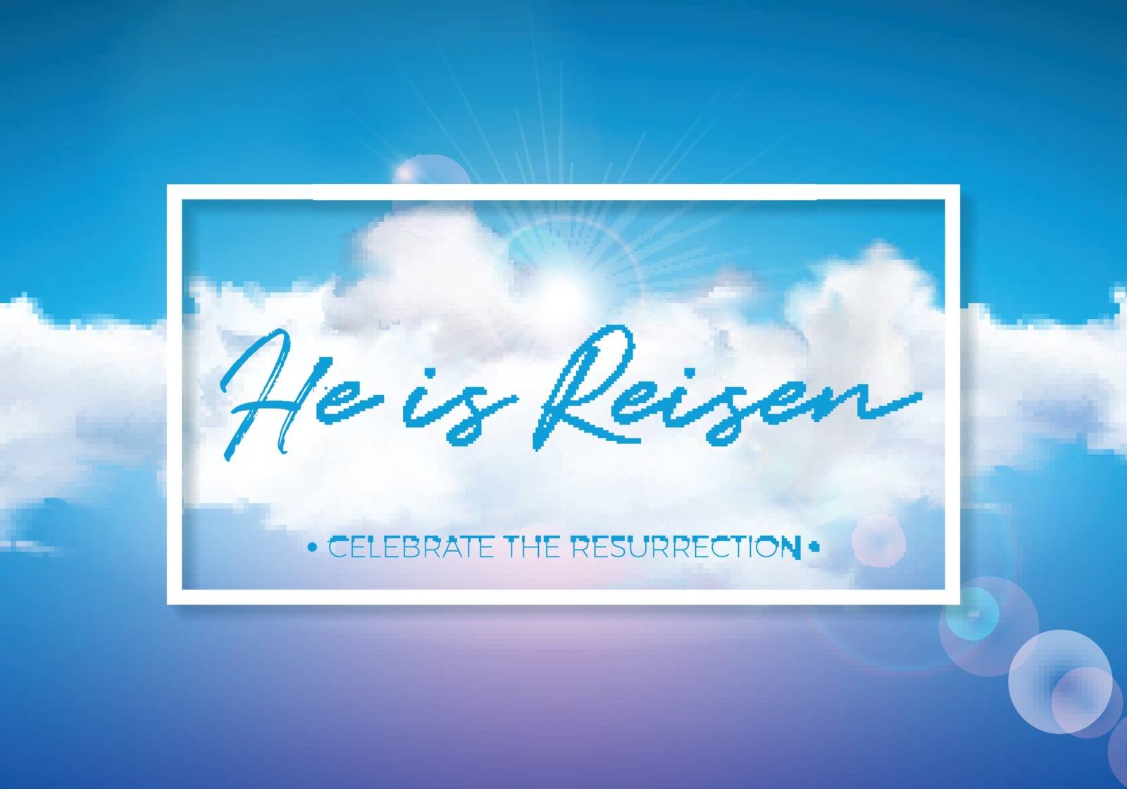 Easter Holiday illustration with cloud on blue sky background. He is risen. Vector Christian religious design for resurrection celebrate theme