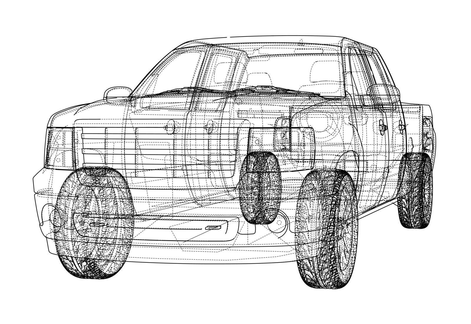 Car SUV drawing outline. Vector rendering. The layers of visible and invisible lines are separated