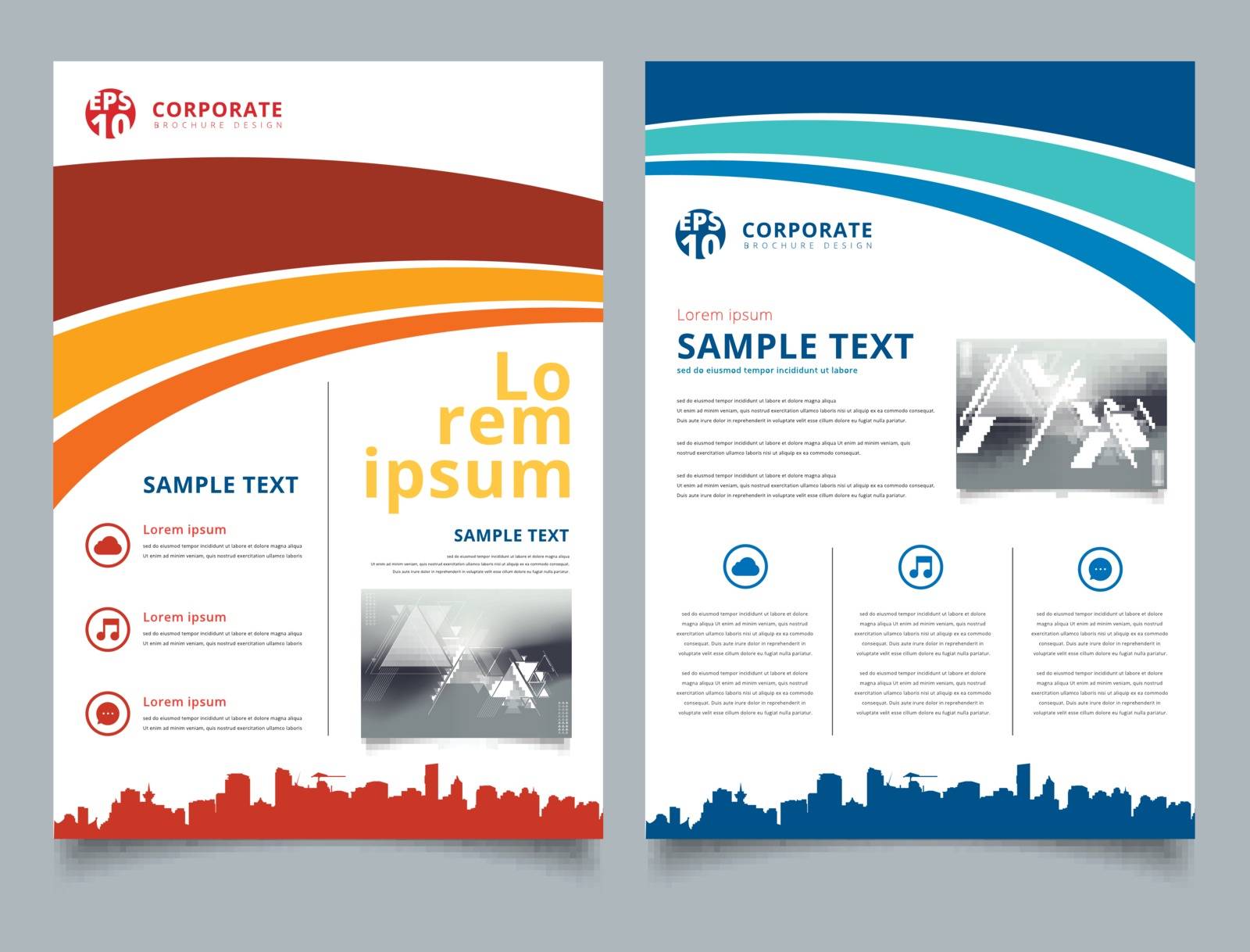 Brochure Template blue and red curve line graphic with cityscape footer and simple text. Business book cover design. Annual report, Magazine, Poster, Corporate Presentation, Portfolio, Flyer, Banner, Website.