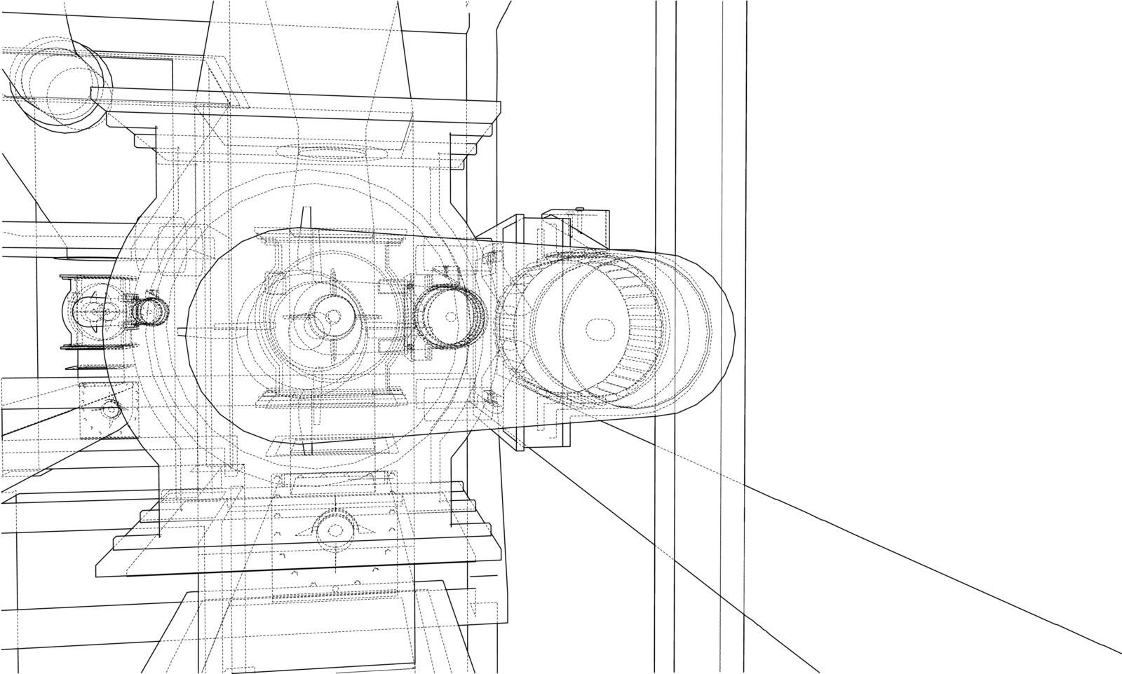 Wire-frame industrial equipment. Vector rendering of 3d. The layers of visible and invisible lines are separated