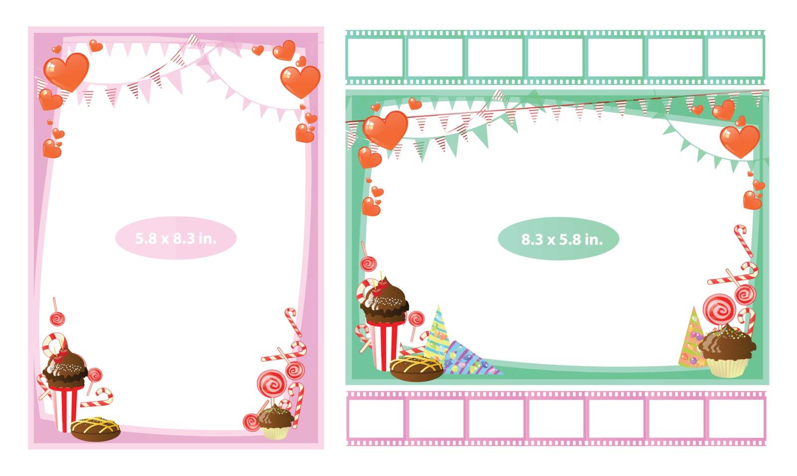 Picture frame with sweets and caramels in inches. Horizontal and vertical. Illustration for your design.