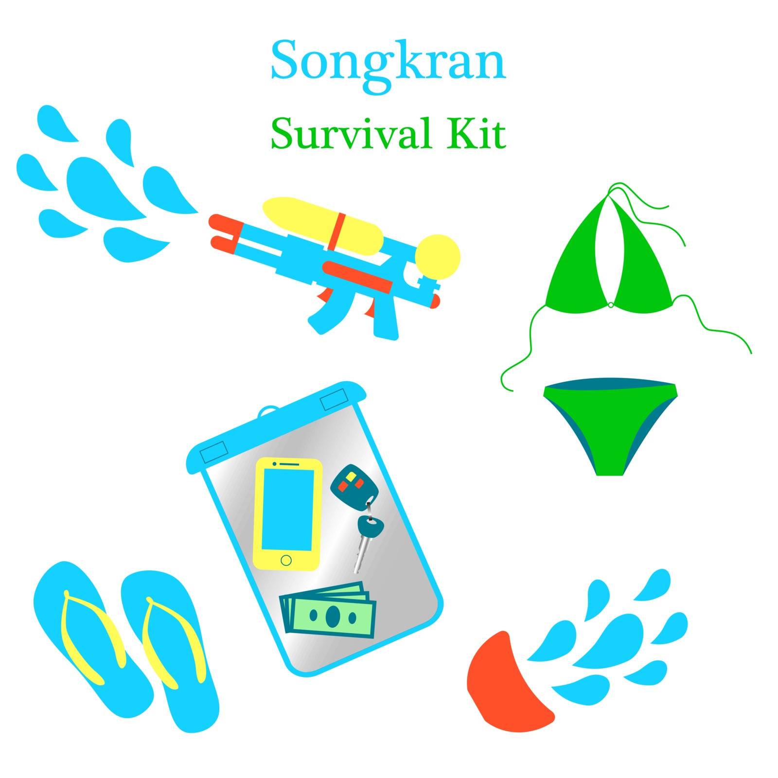 Songkran New Year in Thailand. Jocular set of illustrations Survival Kit. Water pistol, water, cup, flip flops, swimsuit, waterproof bag, smartphone, money, keys