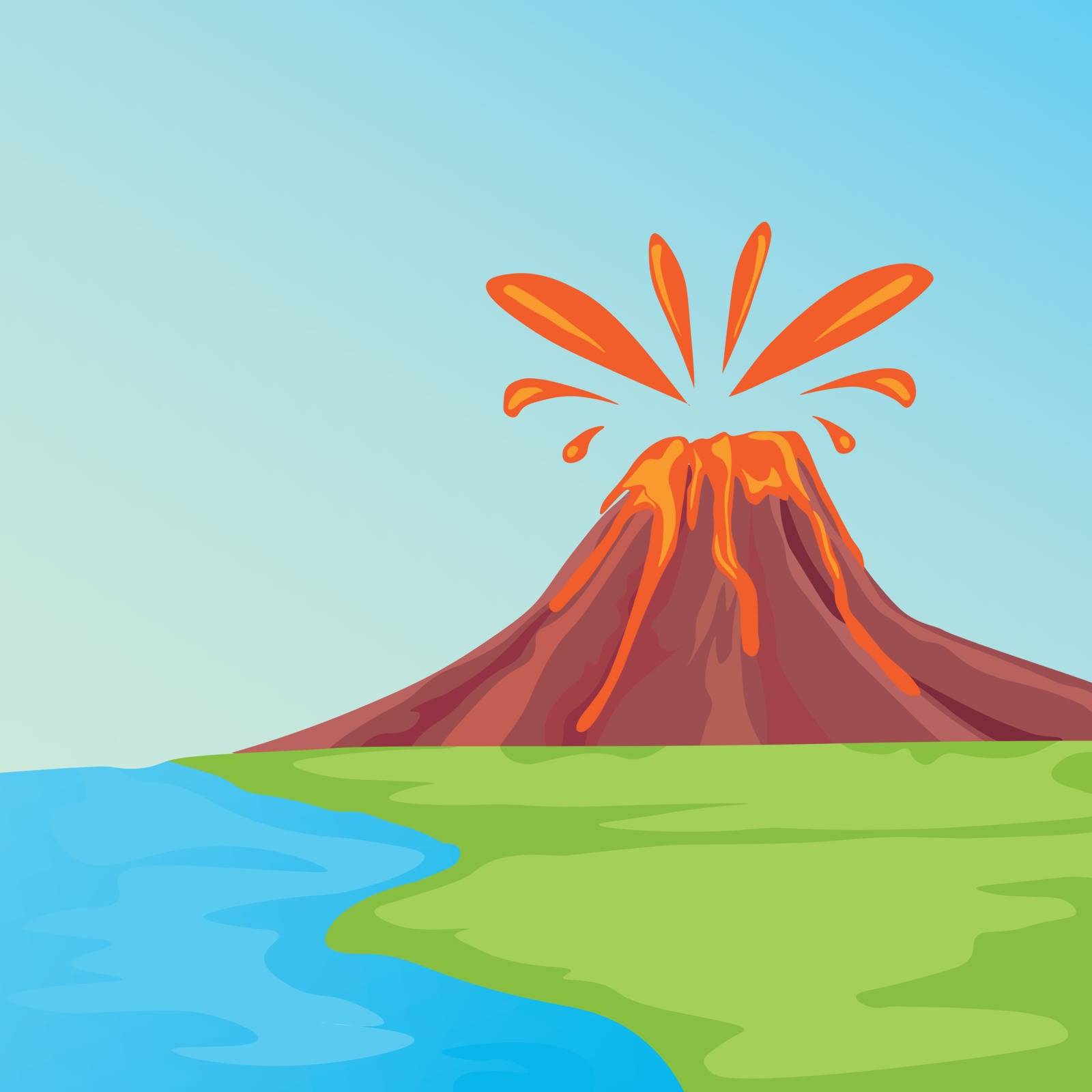 Clip art illustration of tropical island with lava flowing and smoking volcano