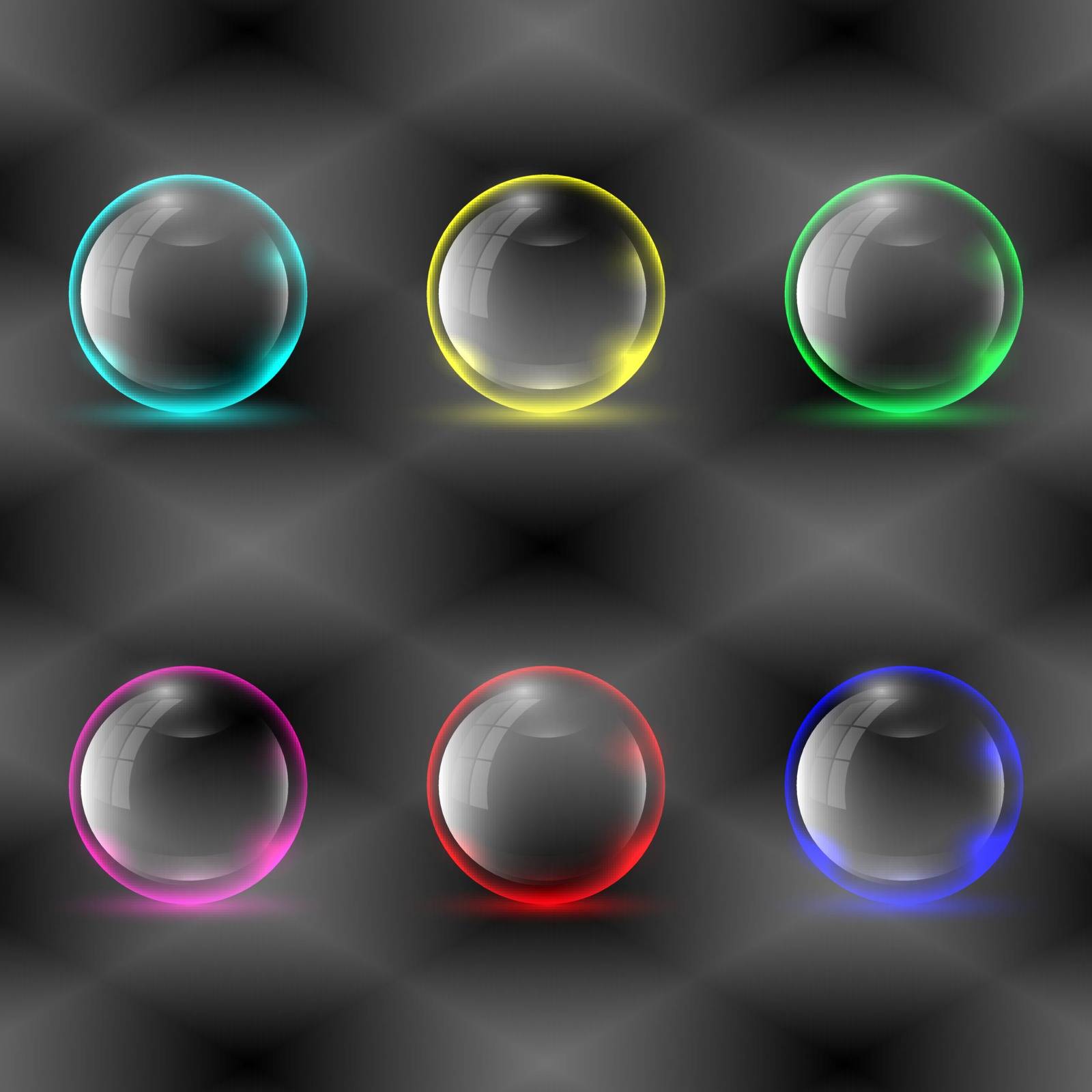 Set of vector illustrations of different colored transparent spheres