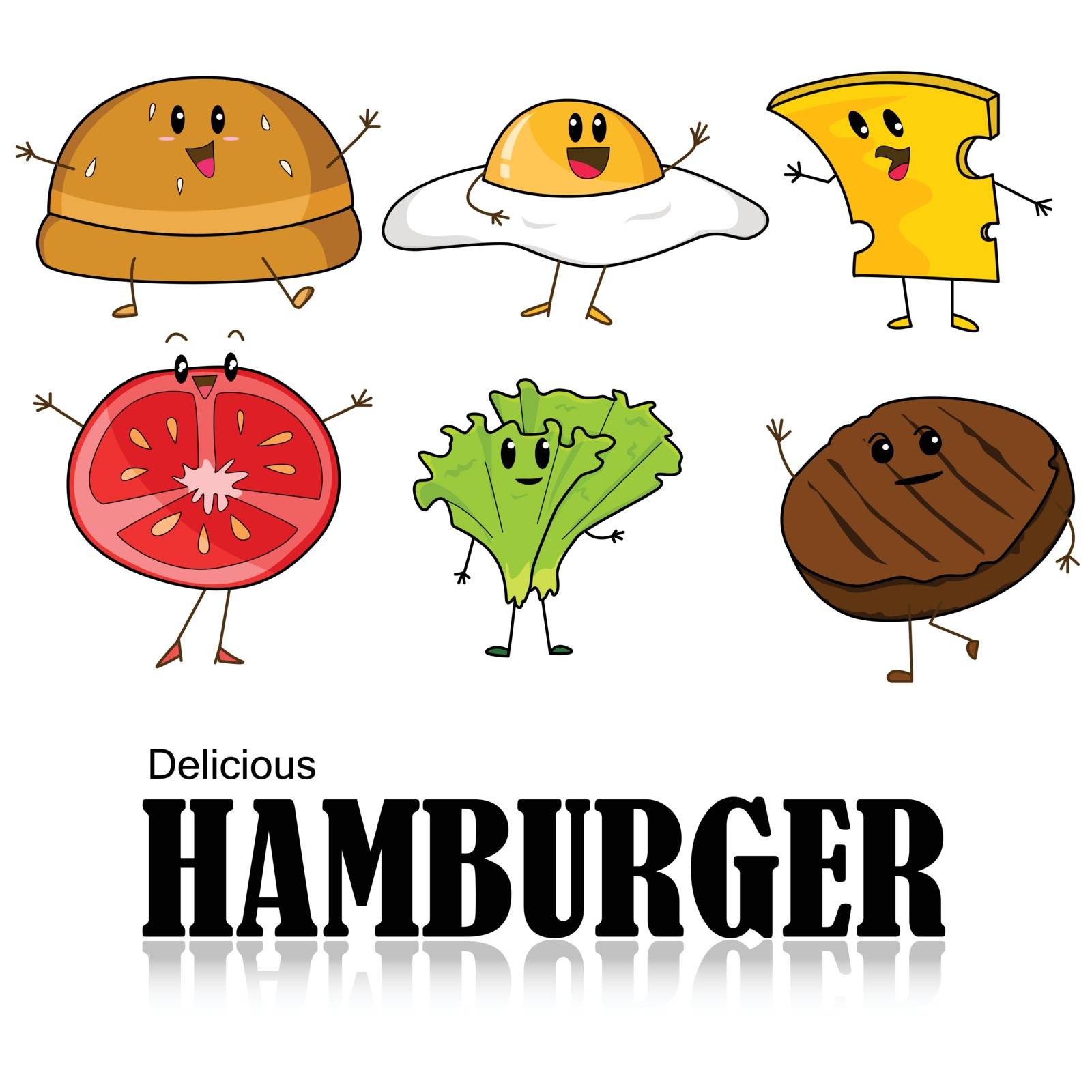 Cartoon of Hamburger, bread, meat, slice tomato, cheese, lettuce and fried egg